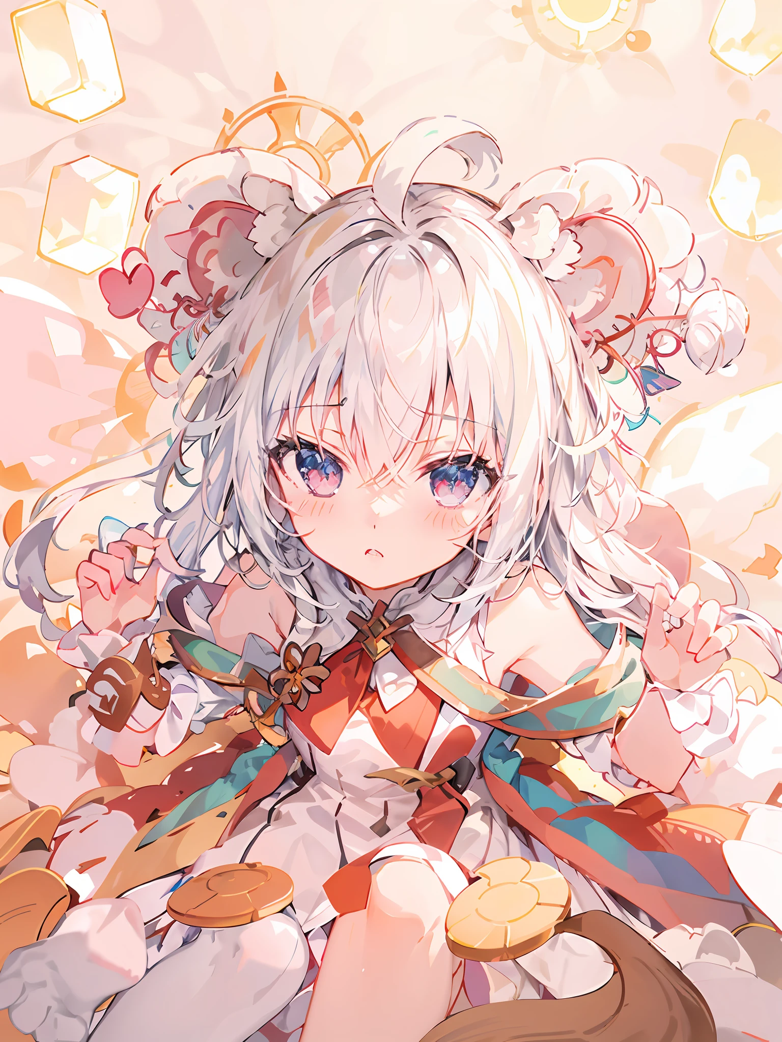 Anime - Style drawing of a girl with a red knot on her ears, small curvaceous loli, Soft anime illustration, Splash art anime Loli, Loli, Gray hair, lovely art style, offcial art, small loli girl, Anime moe art style, Ribbons, zerochan art, and the sun was shining brightly,Light and shadow in detail,Round and large furry ears,One small foot wears white socks,There is a fluffy squirrel tail,There are two long braids,The upper part of the body,Long flowing hair,Slim jade hands,Ambilight