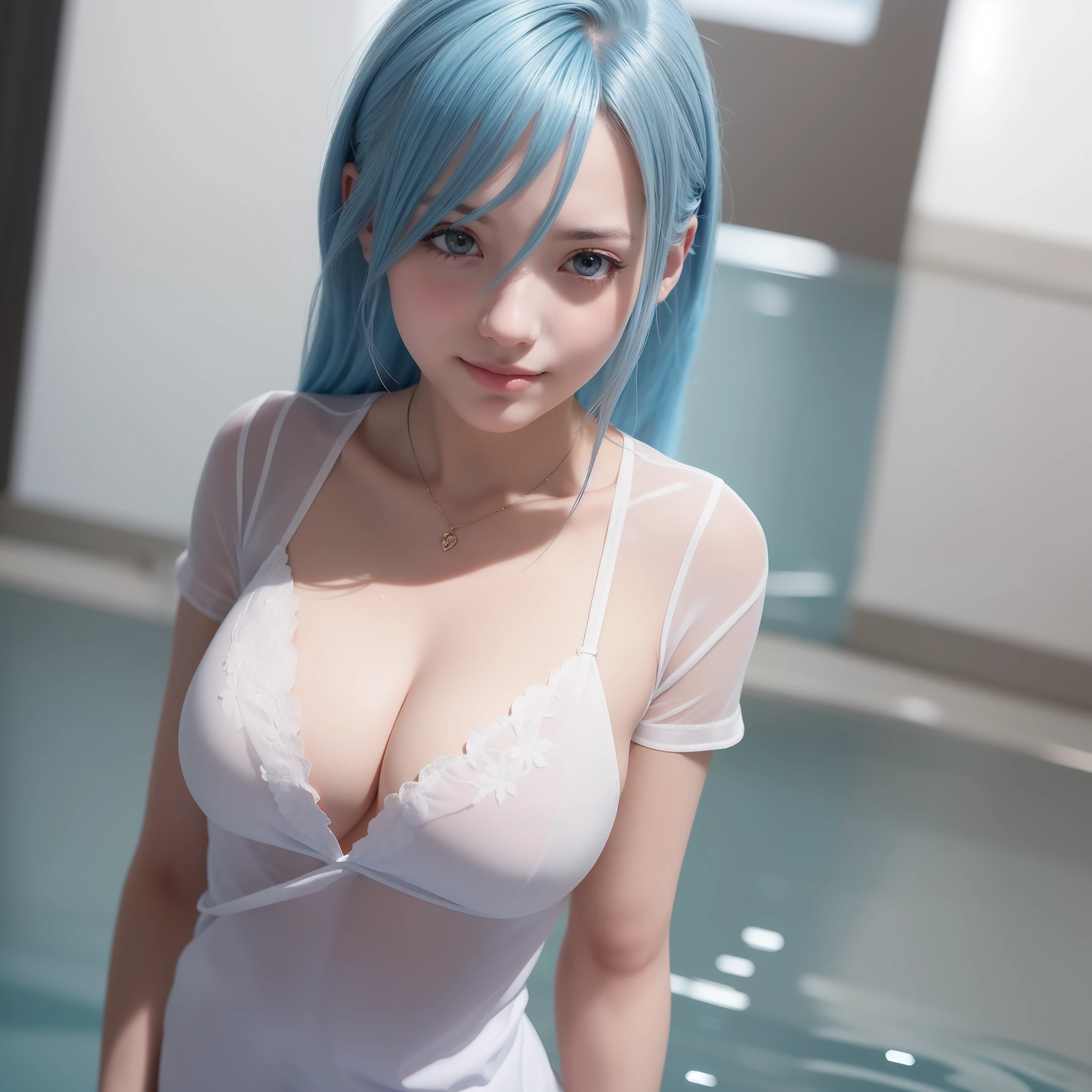 clothes reflecting light, (light diffraction on skin: 1.35), (Glossy glossy skin: 1.55), (iridescent effect: 1.55),Anime, a woman with white hair and blue eyes smiling seductively is standing in a room, , Process art, seductive anime girls, in dress, visual anime of a cute girl, girl with perfect white hair, anime moe art style, Fine details. Girl Front, from girls frontline, A Hyperrealistic Schoolgir, Anime Girl Wearing White Shirt with Blue Hair, Breasts, 1girll, décolleté, shirt, Long hair, Blue eyes, Drowning, Solo, White shirt, Big breasts, Wet, Wet clothes, Blush, Short sleeves, bangs,(Masterpiece, Best quality, Ultra-detailed: 1.6), illustration, (Solo, 1 girl, Beautiful detailed eyes: 1.2), City, street,Making a Heart with Fingers, Show the chest --auto