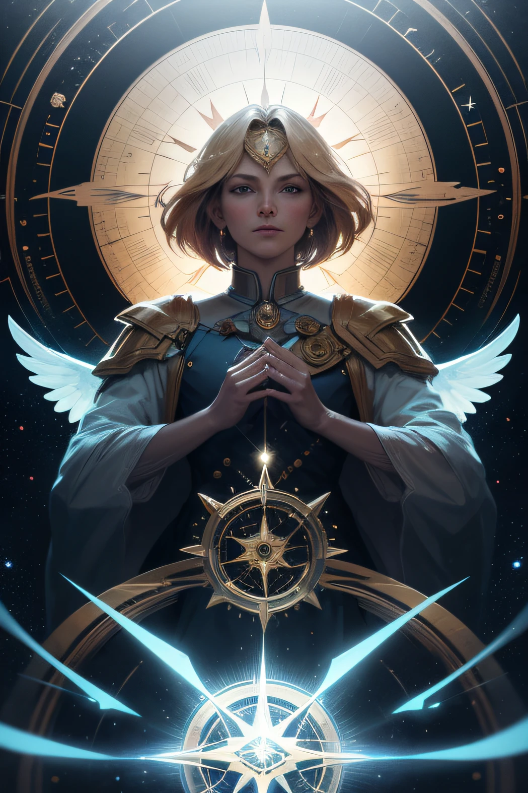 angelicales, Magical fantasy, short detailed hair, with short golden hair, Overhead halo, light circles, dark light night, 复杂, ellegance, Sharp focus, illustratio, high detal, digitial painting, concept-art, Mattire, WLOP and Artgerm and Greg Rutkowski and Alphonse Mucha, tmasterpiece,Gossip compass,Cool,decahedron,kosmos,Stellar explosion,High-dimensional space