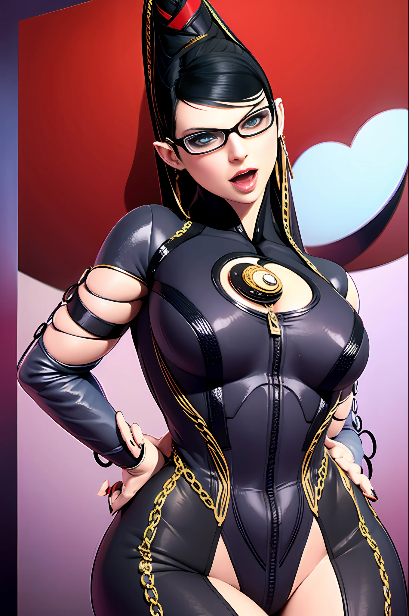 bayonetta,1girll,Solo，tmasterpiece， High- sharpness， high high quality， Detailed face， detailed body render， Beds ， Dark lips， exhibitionism，no brassiere， breasts out， Be red in the face， （In the bedroom），Full body photo，Open expression，The tongue is pulled out ，Protruding thorax head，Broken clothes，cool