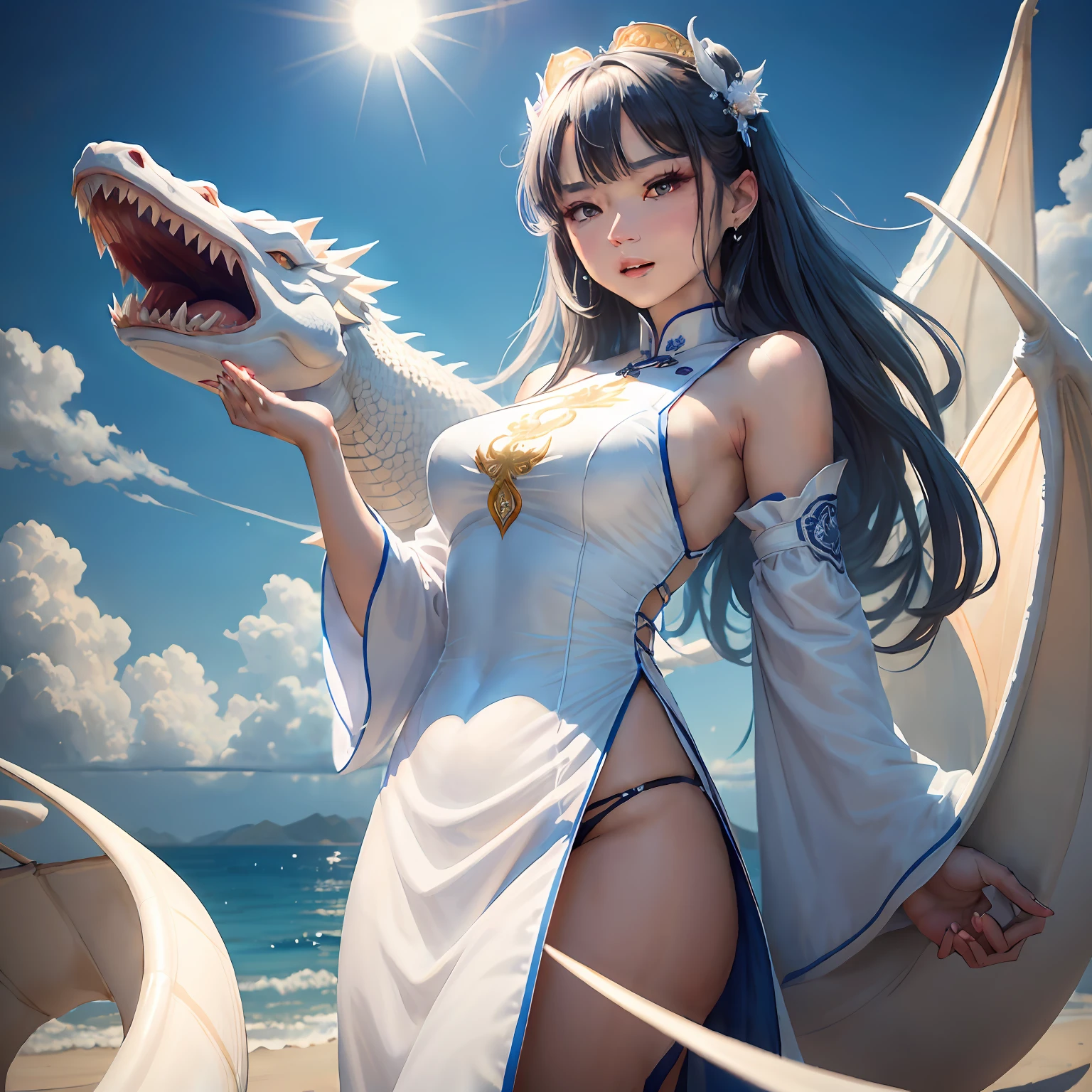 Best quality at best,tmasterpiece,超高分辨率,a beautiful woman in white aodai,(The long:1.2),Skysky,yellow eyes,clouds,scutes,a Oriental Dragons,dentes pontiagudos,Fly,banya,teeth,daysies,clawed paws,Fang,blue-sky