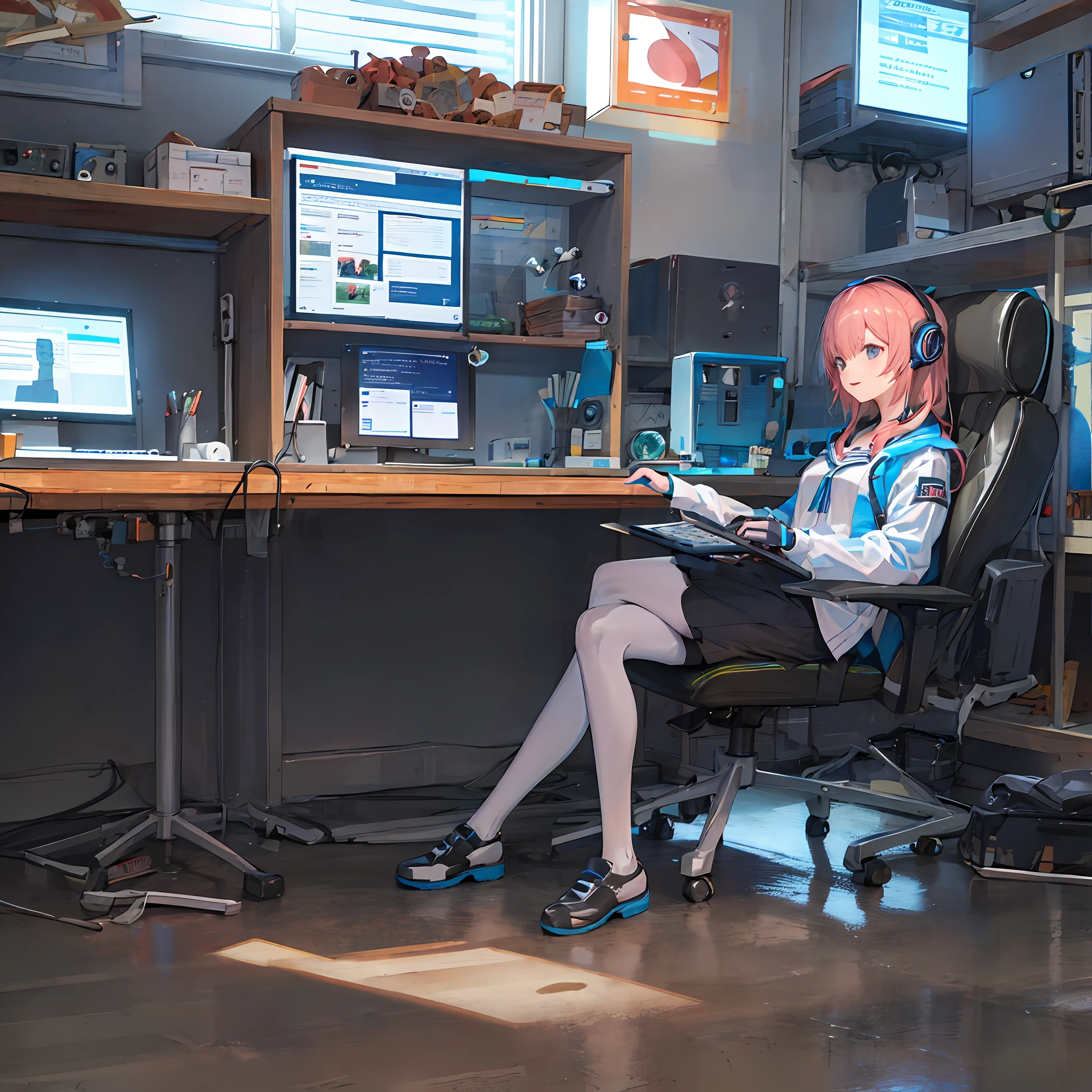 workplace,shoun,cyber punk perssonage,Computer,a chair