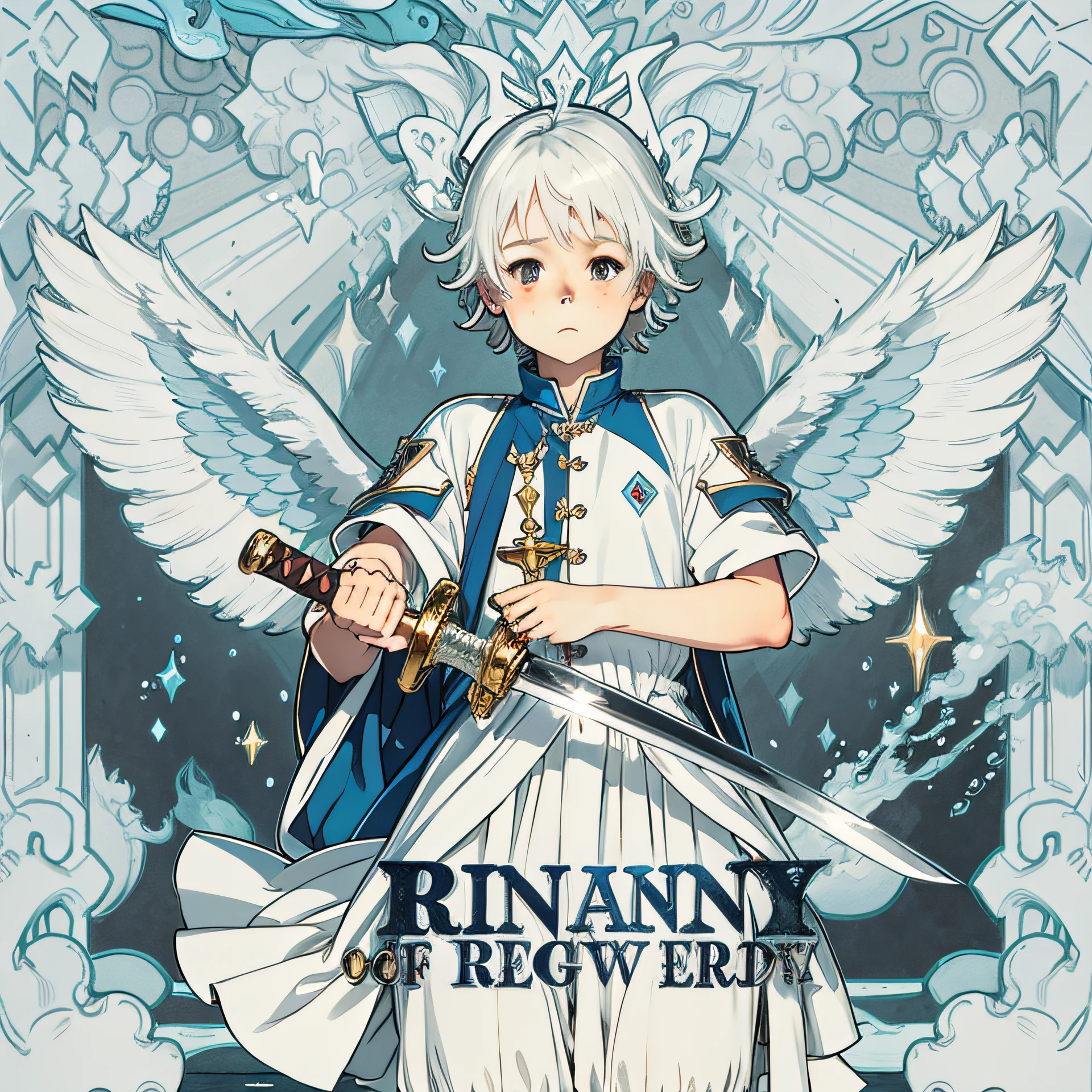 Rpg, 1guy, White short messy Hair, Silver Eyes, thin face, White clothes with Blue details, Magic, Holding Sword, Short Angel Wings