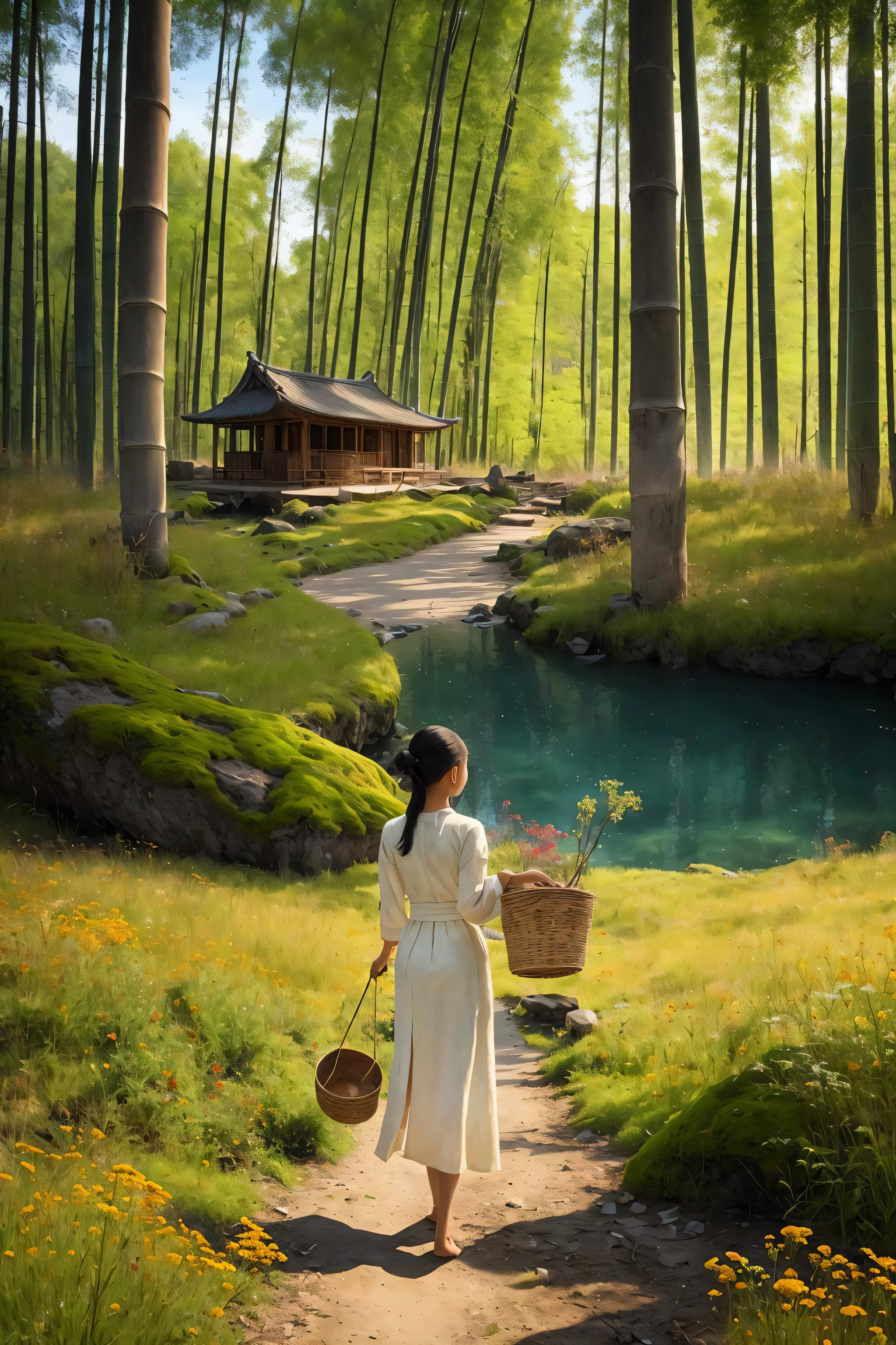 In a still image, a tranquil lake houses ancient ruins at its center, covered in wildflowers, grasses, moss, and fungi. Amidst this captivating scene, a young Chinese girl in traditional attire gathers mushrooms, her bamboo basket on her back, as butterflies flit around her, creating a sense of harmony and mystery.
hdr, (photorealism, masterpiece quality, best quality),  pureerosface_v1