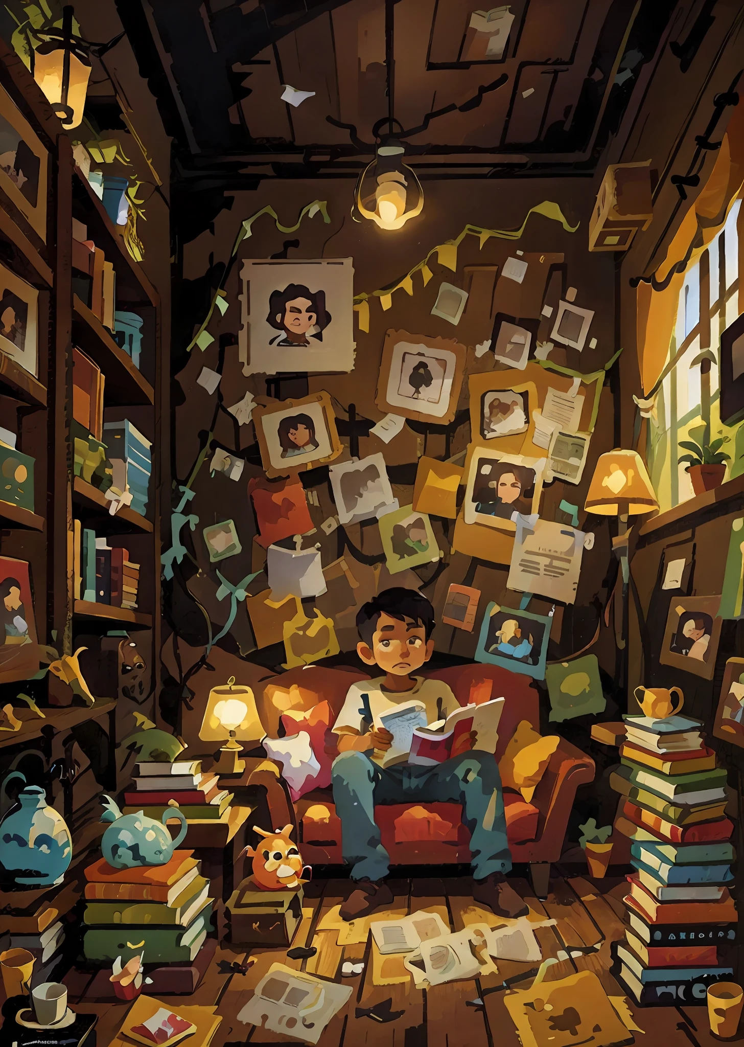 painting of a man sitting on a couch in a room with a lot of books, inspired by Carl Spitzweg, childrens art in artstation, ross tran and michael whelan, inspired by Rudy Siswanto, cyril rolando and goro fujita, magical realism painting, magical realism style, fantasy matte painting,cute, inspired by Yeong-Hao Han