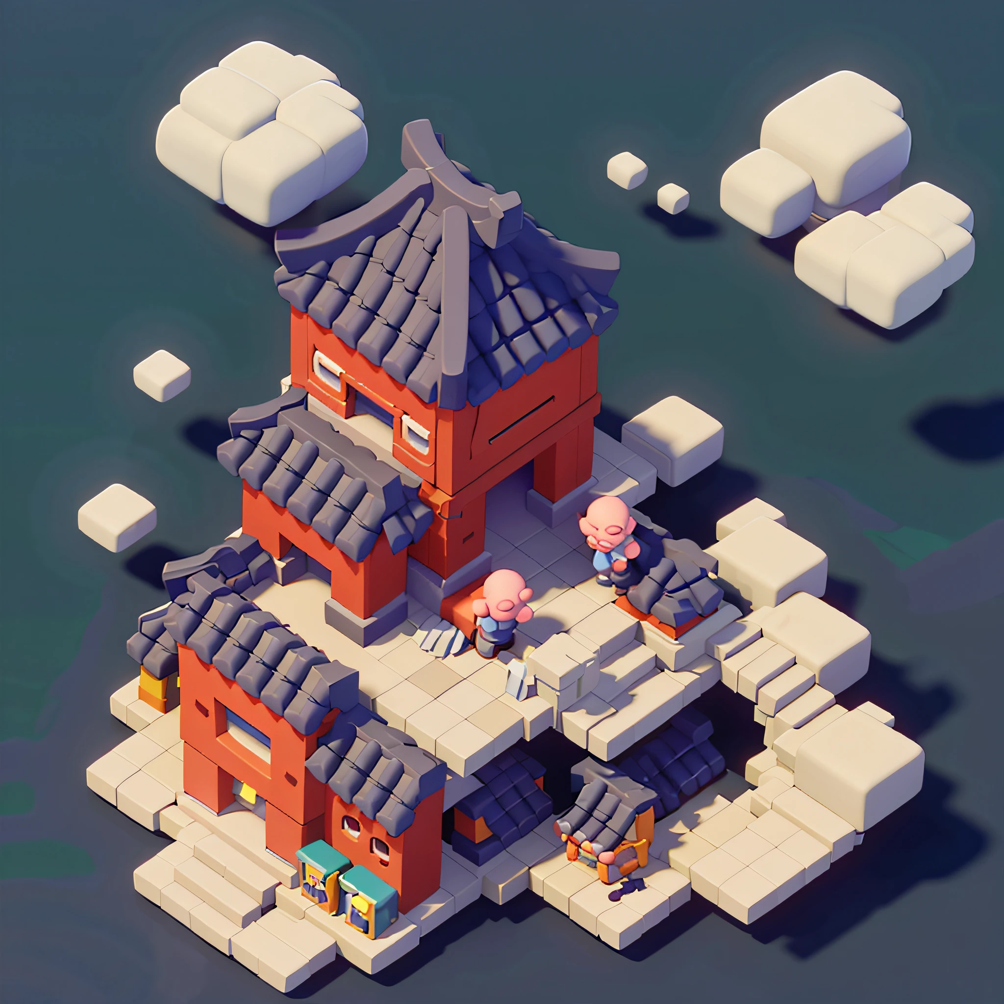 Isometric Chinese style building,Many Chinese dragons flew around,An old man walks inside