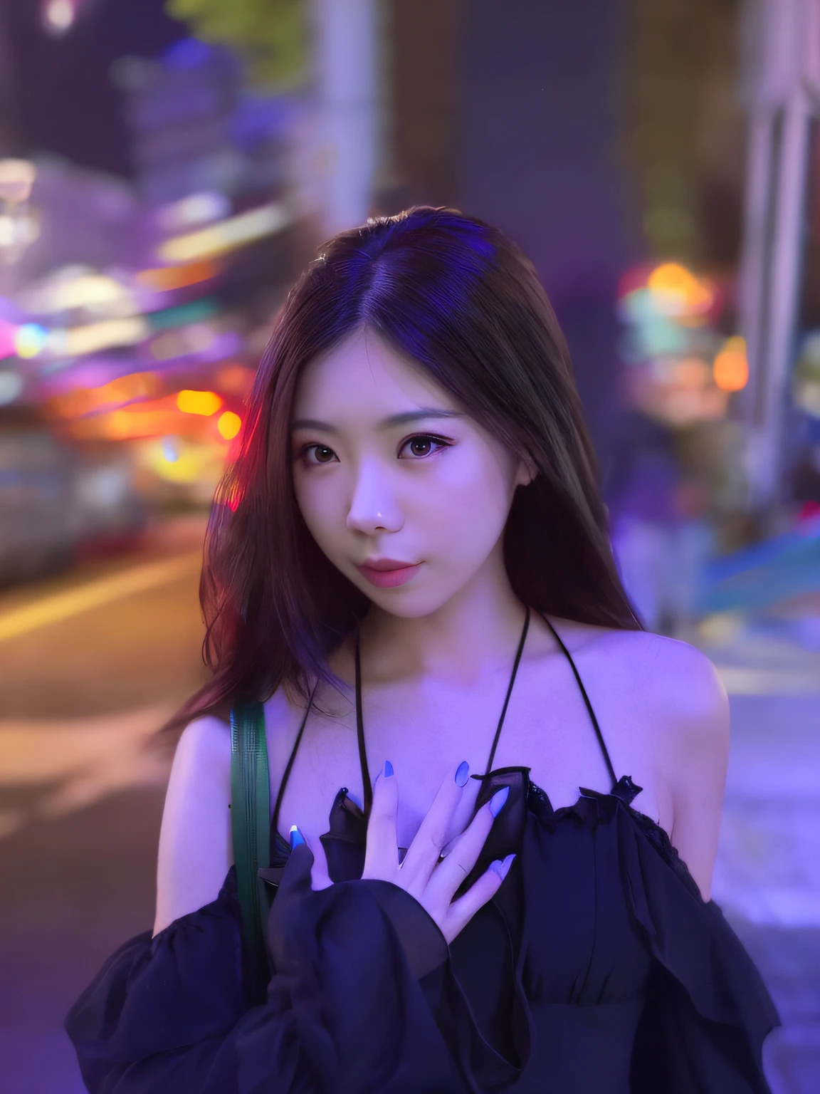 in a city street,Beautiful woman in black dress,Artgerm-style 8K environment,Pure selfie 50mm ISO10 effectively shows the charm of portraits。Canon EOS R 6、nikon z9、Canon EOS R 5 shot,The night view is magnificent,The bokeh in the background is a perfect match。 --auto