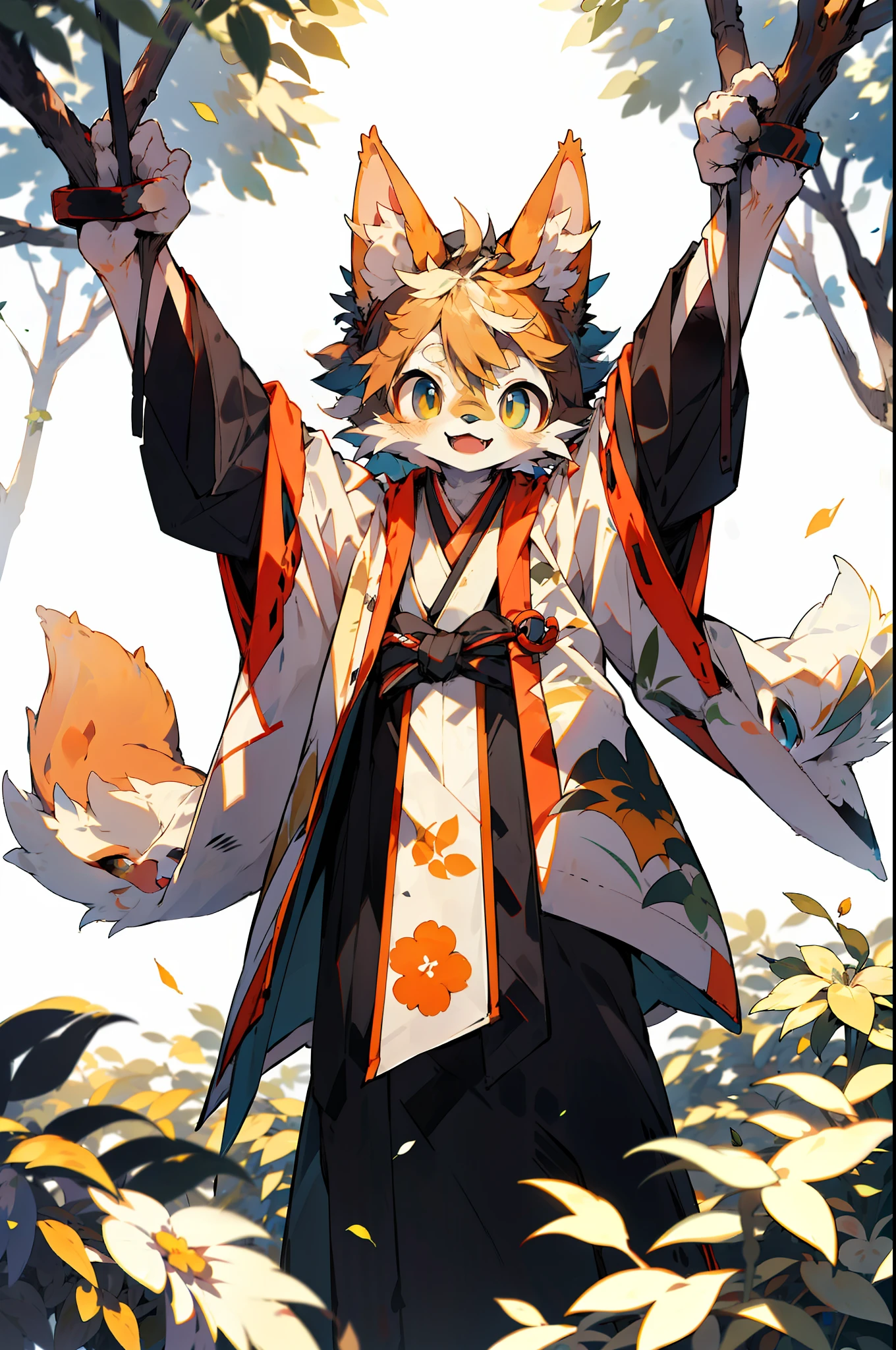 depth of fields，lighting perfect，light particules，（best qualtiy），（tmasterpiece），（ultra - detailed），Sharp focus，light particules，niji，eyesgod，Blushlush，brown_eyes，looking_at_viewer，smile，solo，furry，animal_ear_fluff，open_clothes，Arms back，The upper part of the body，coda，komono，Japanese style costume，rays of sunshine，The tree，with her mouth open，from below，Arms back，Blue pupil，Fluffy hair，Yellow haired cat cat，An innocent face melts inside，super adorable，Stand on a hill，Hold a flower in your hand，The spring breeze ruffled its long hair。