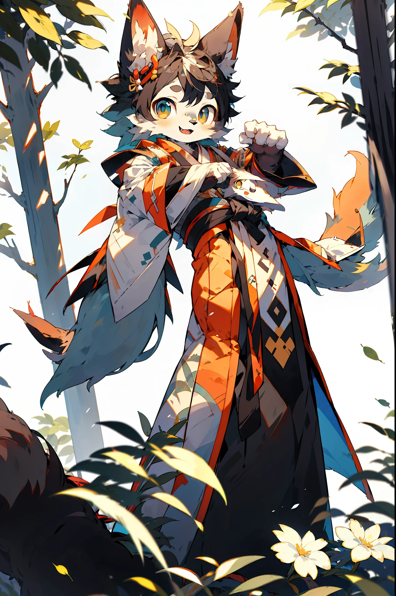 depth of fields,lighting perfect,light particules,(best qualtiy),(tmasterpiece),(ultra - detailed),Sharp focus,light particules,niji,eyesgod,Blushlush,brown_eyes,looking_at_viewer,smile,solo,furry,animal_ear_fluff,open_clothes,Arms back,The upper part of the body,coda,komono,Japanese style costume,rays of sunshine,The tree,with her mouth open,from below,Arms back,Blue pupil,Fluffy hair,Yellow haired cat cat,An innocent face melts inside,super adorable,Stand on a hill,Hold a flower in your hand,The spring breeze ruffled its long hair。