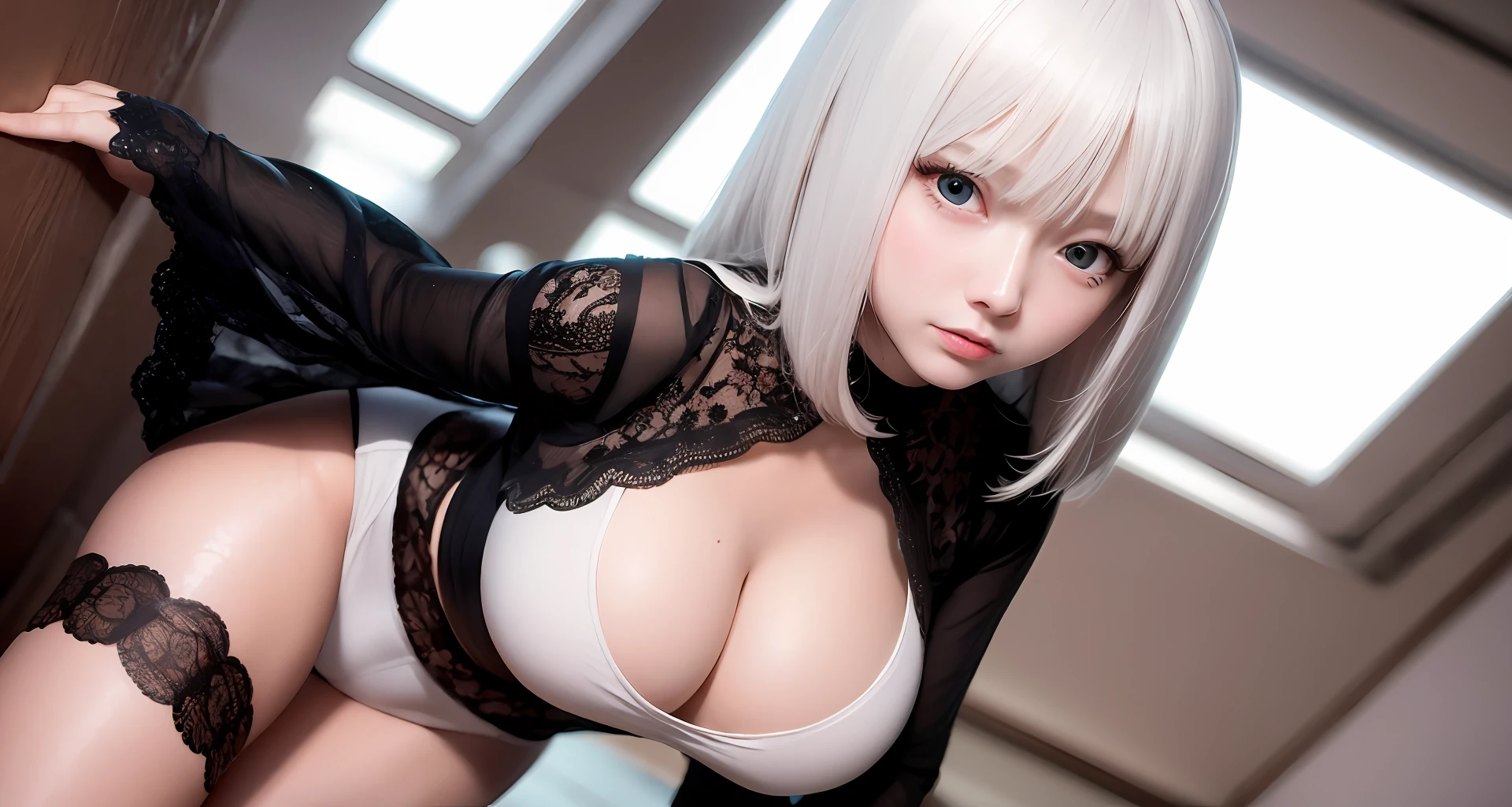 slender thigh,Clothing that exposes,Super large,anime big breast,Lori's face,white color hair,Look at you with narrowed eyes