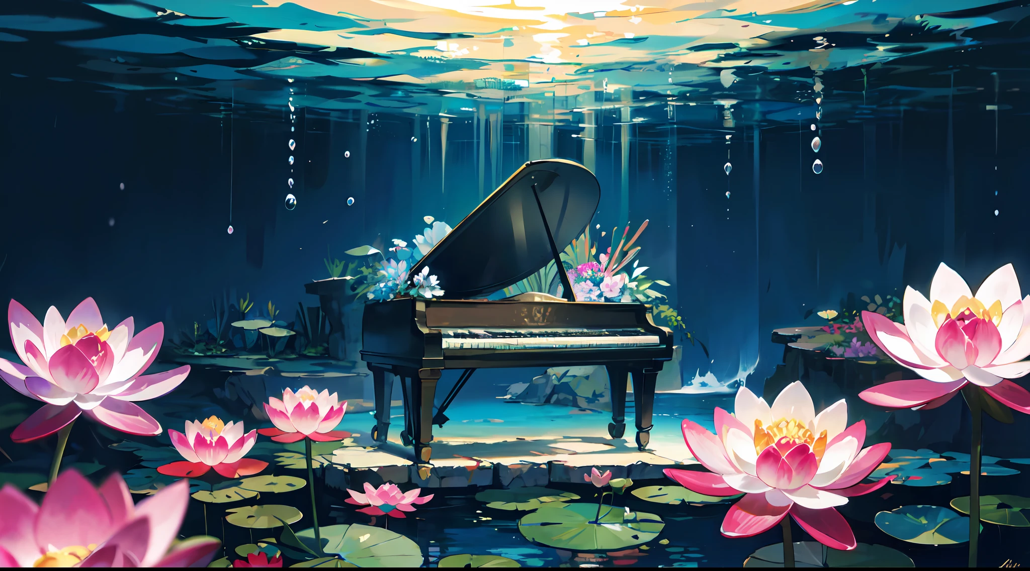 (((masterpiece))), ((best quality)), detailed, professional lighting, (((Ultra Detailed))),absurdres,(((incredibly absurdres))),under the sea,(no humans),crystal piano,water lily flower, lily pad, lotus