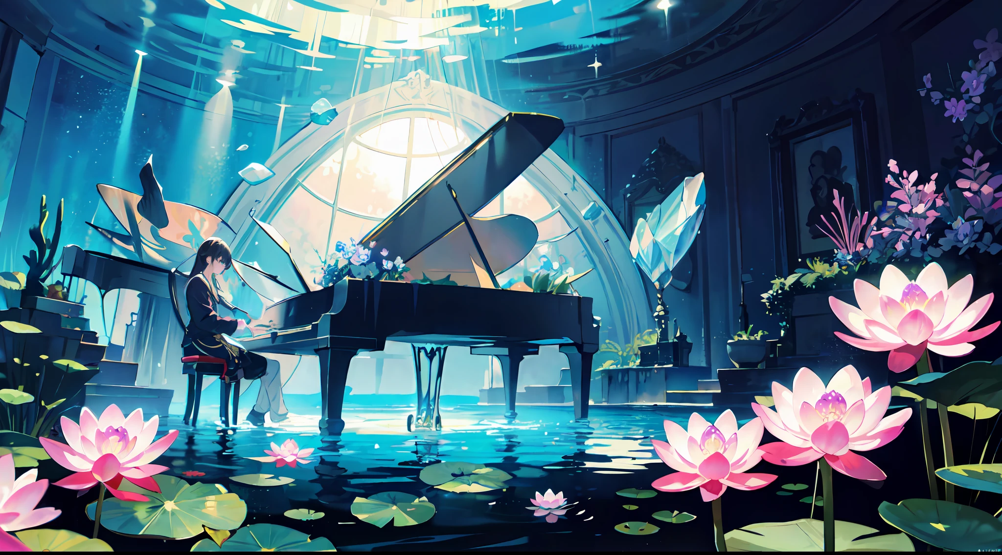 (((masterpiece))), ((best quality)), detailed, professional lighting, (((Ultra Detailed))),absurdres,(((incredibly absurdres))),under the sea,(no humans),crystal piano,water lily flower, lily pad, lotus