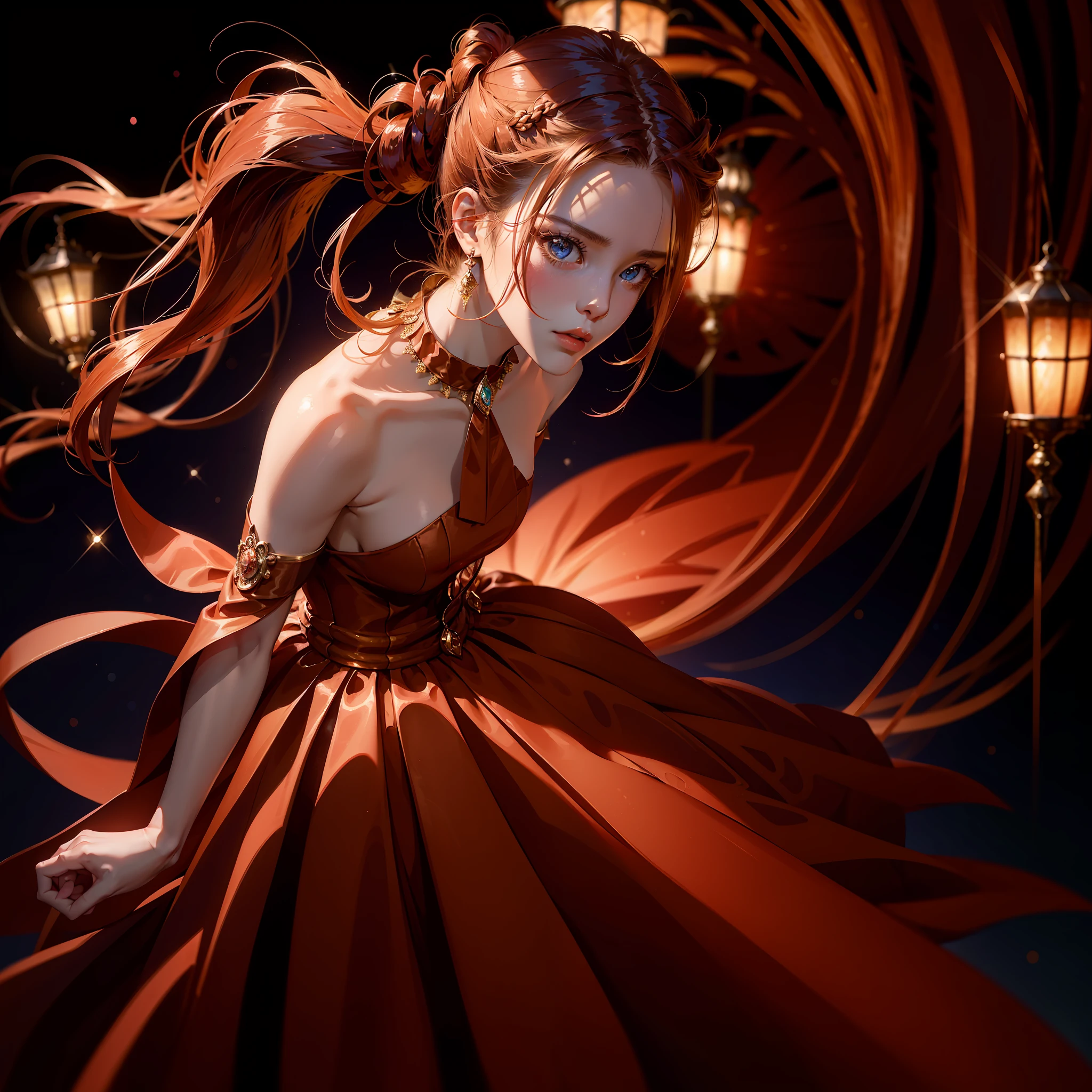 An elegant and noble girl, Red dress,,Bust photo,Need, a beauty girl, braidedponytail, romanticism lain, Anime style, Chiaroscuro, reflective light, Sparkle, hyper HD, retinas, Masterpiece, Best quality, Super detail