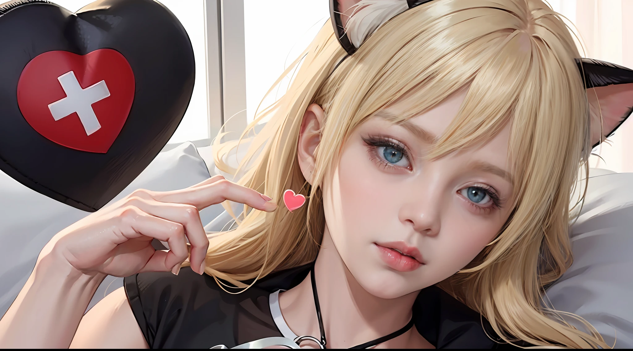 blonde hair, nurse cap, heart-shaped pupils, cat ears, sleepy --auto