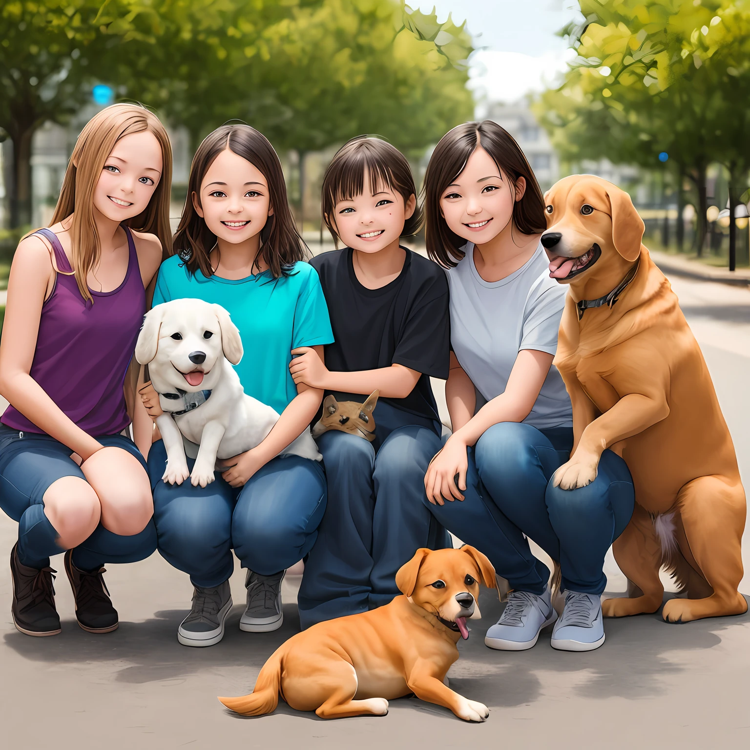 Dog and two girls