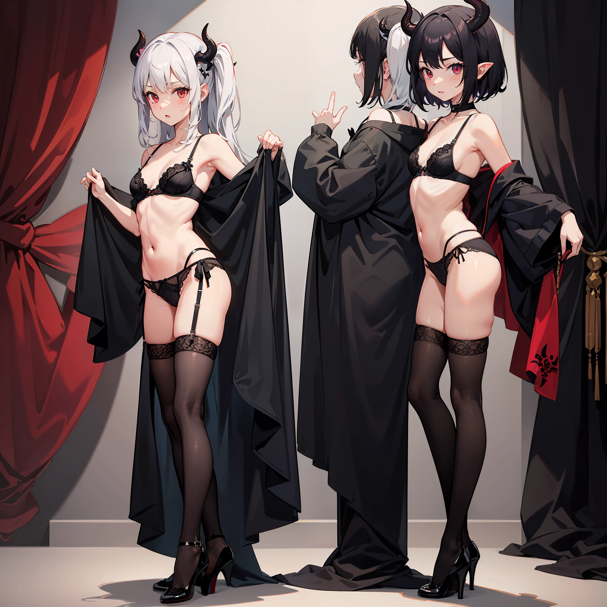 The succubus has a small black devil tail on his ass,, and white fur, Small loli, Black lace stockings, Upright black lace bra, Black lace panties, Pose with a mocking expression in a standing frontal shot