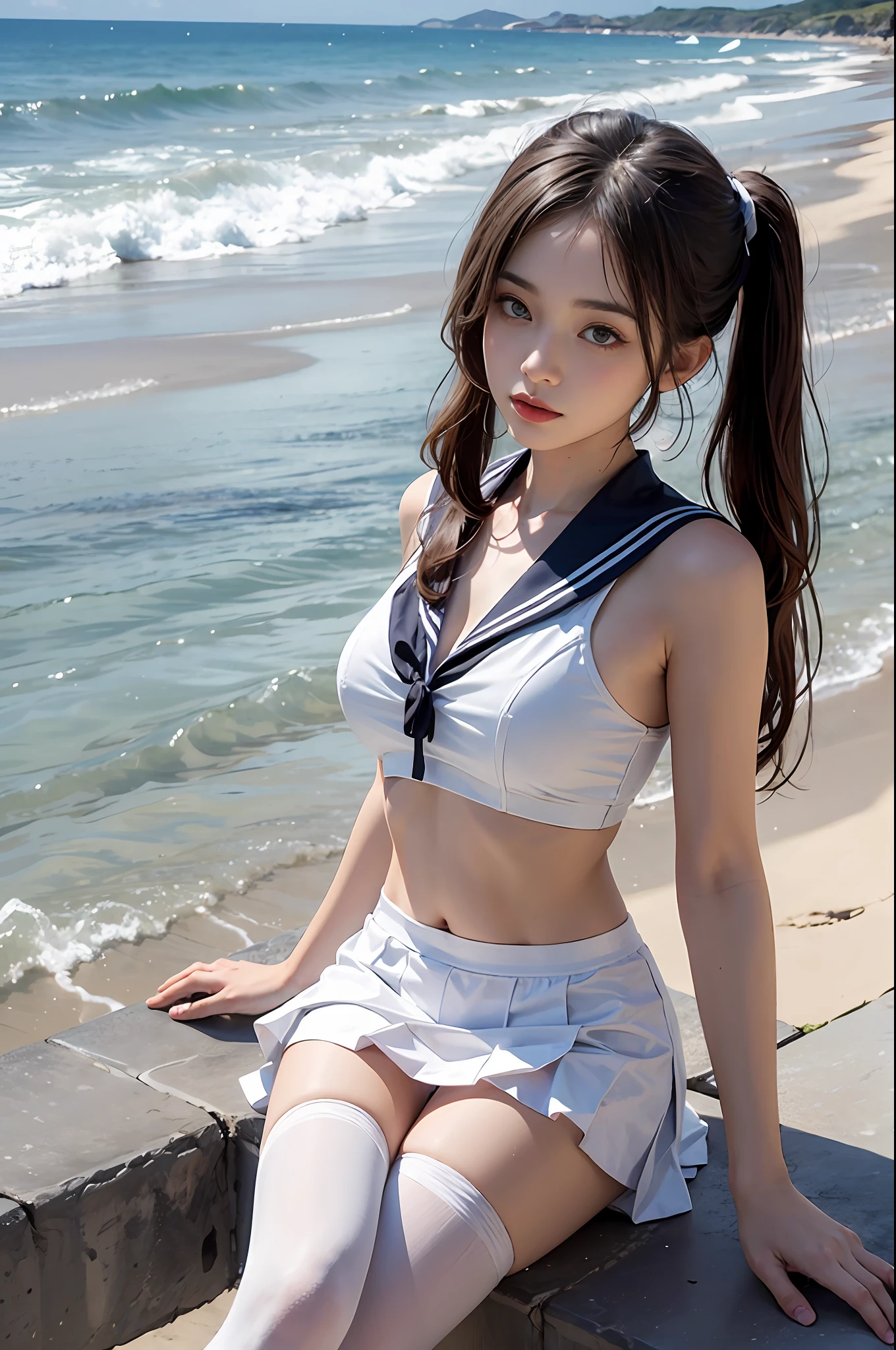 1girl,double tails,beach,white sailor suits and short skirts,16 years old female model,White stockings,