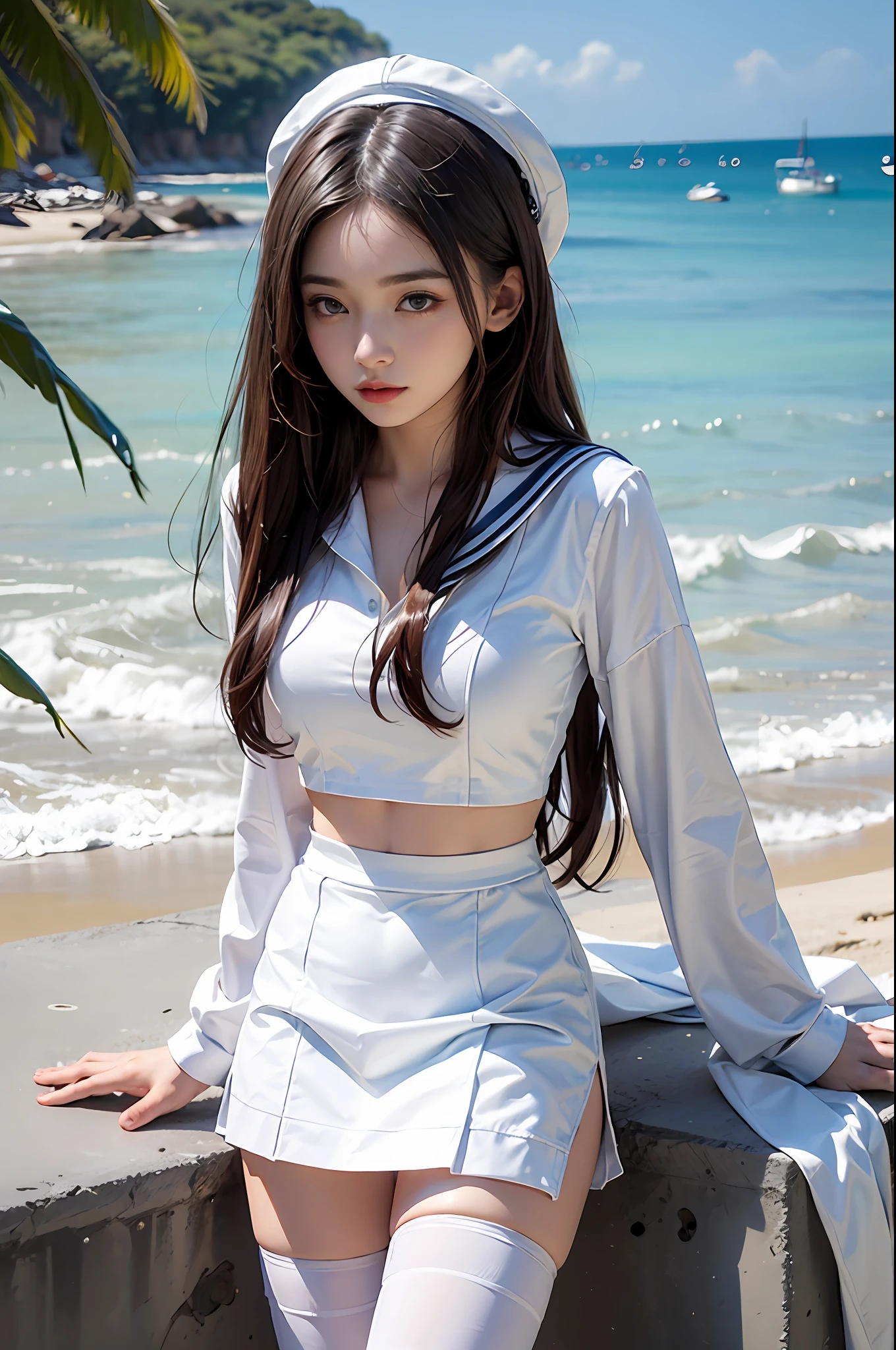 1girl,double tails,beach,white sailor suits and short skirts, female model,White stockings,
