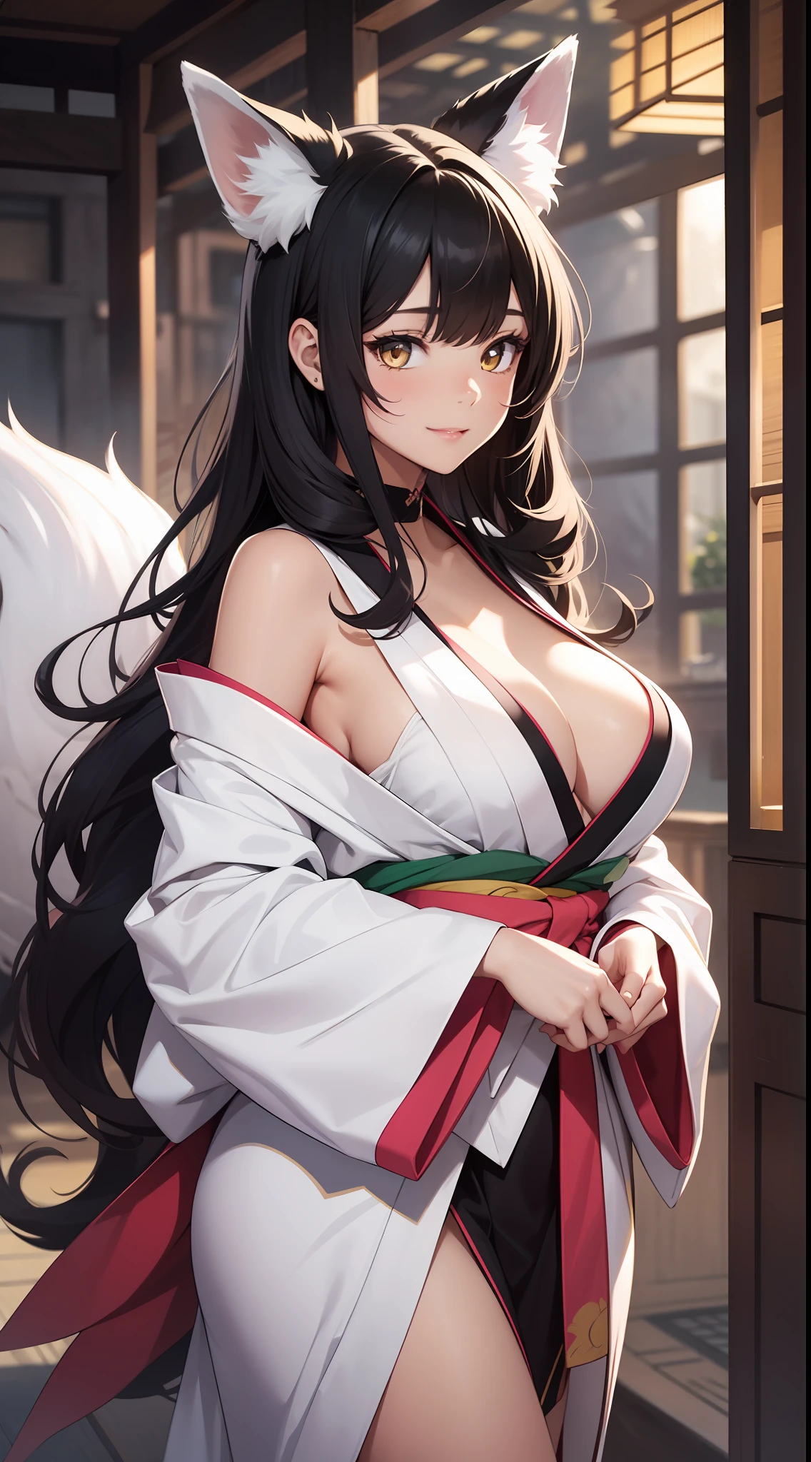 young girl, Long black hair with light pink ends, white fox ears, White fox tails, golden eyes, Thick kimono, open shoulders, open breasts, ssmile, Masterpiece, hiquality