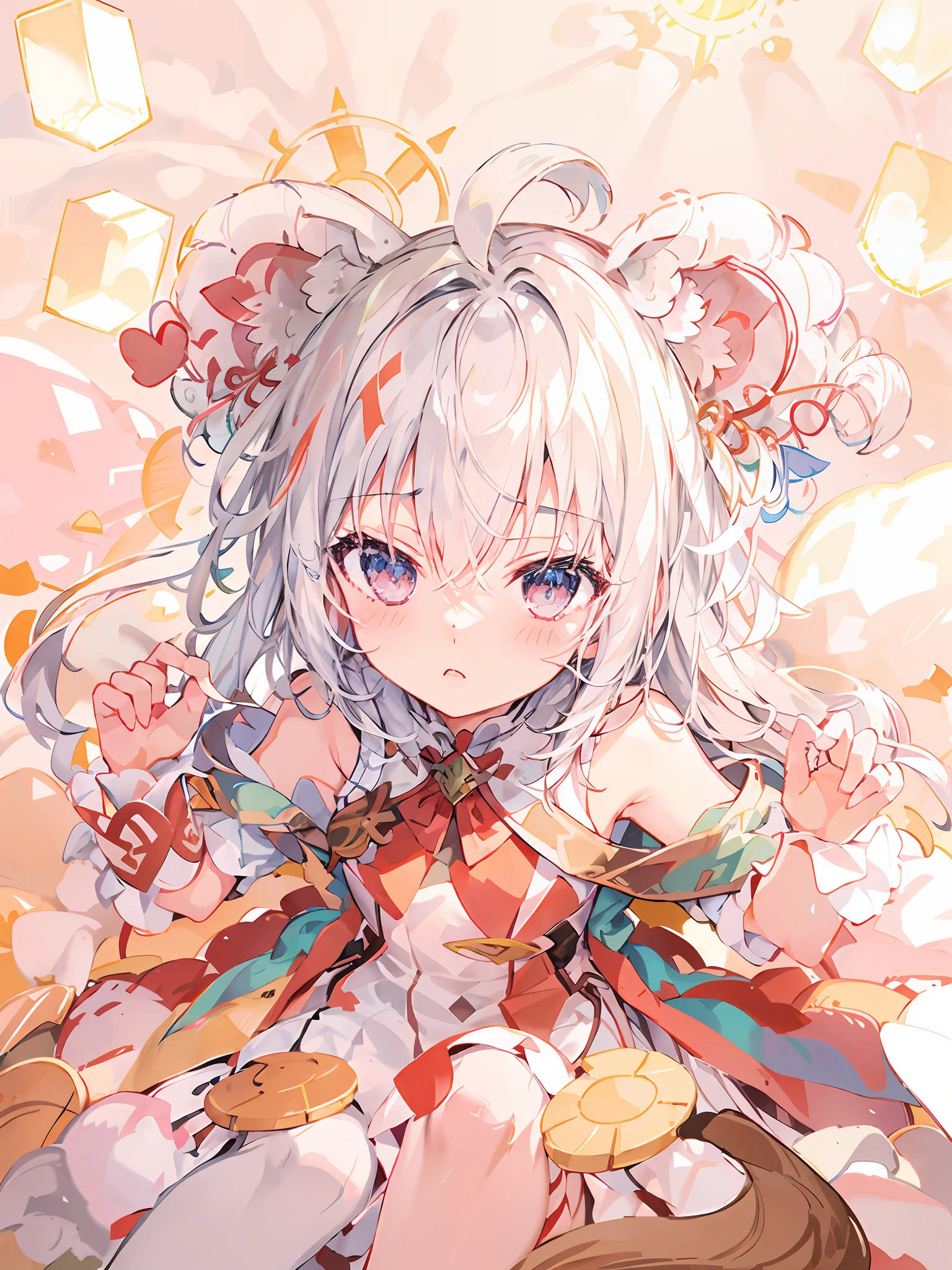 Anime - Style drawing of a girl with a red knot on her ears, small curvaceous loli, Soft anime illustration, Splash art anime Loli, Loli, Gray hair, lovely art style, offcial art, small loli girl, Anime moe art style, Ribbons, zerochan art, and the sun was shining brightly,Light and shadow in detail,Round and large furry ears,One small foot wears white socks,There is a fluffy squirrel tail,There are two long braids,The upper part of the body,Long flowing hair,Slim jade hands,Ambilight