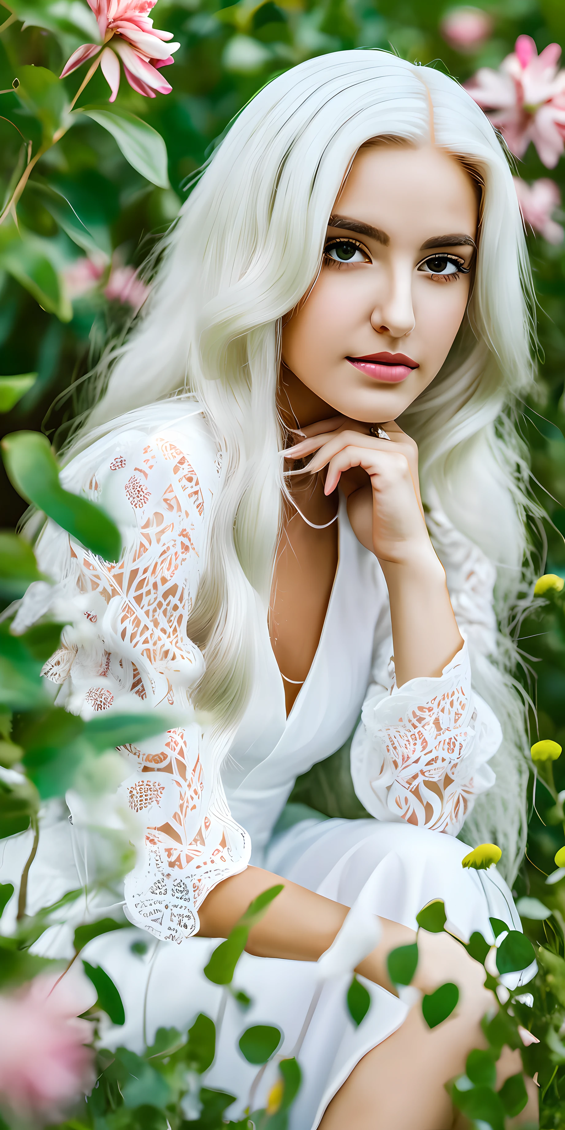 (masterpiece, best quality),1girl with long white hair sitting in a field of green plants and flowers, her hand under her chin, warm lighting, white dress, blurry foreground
