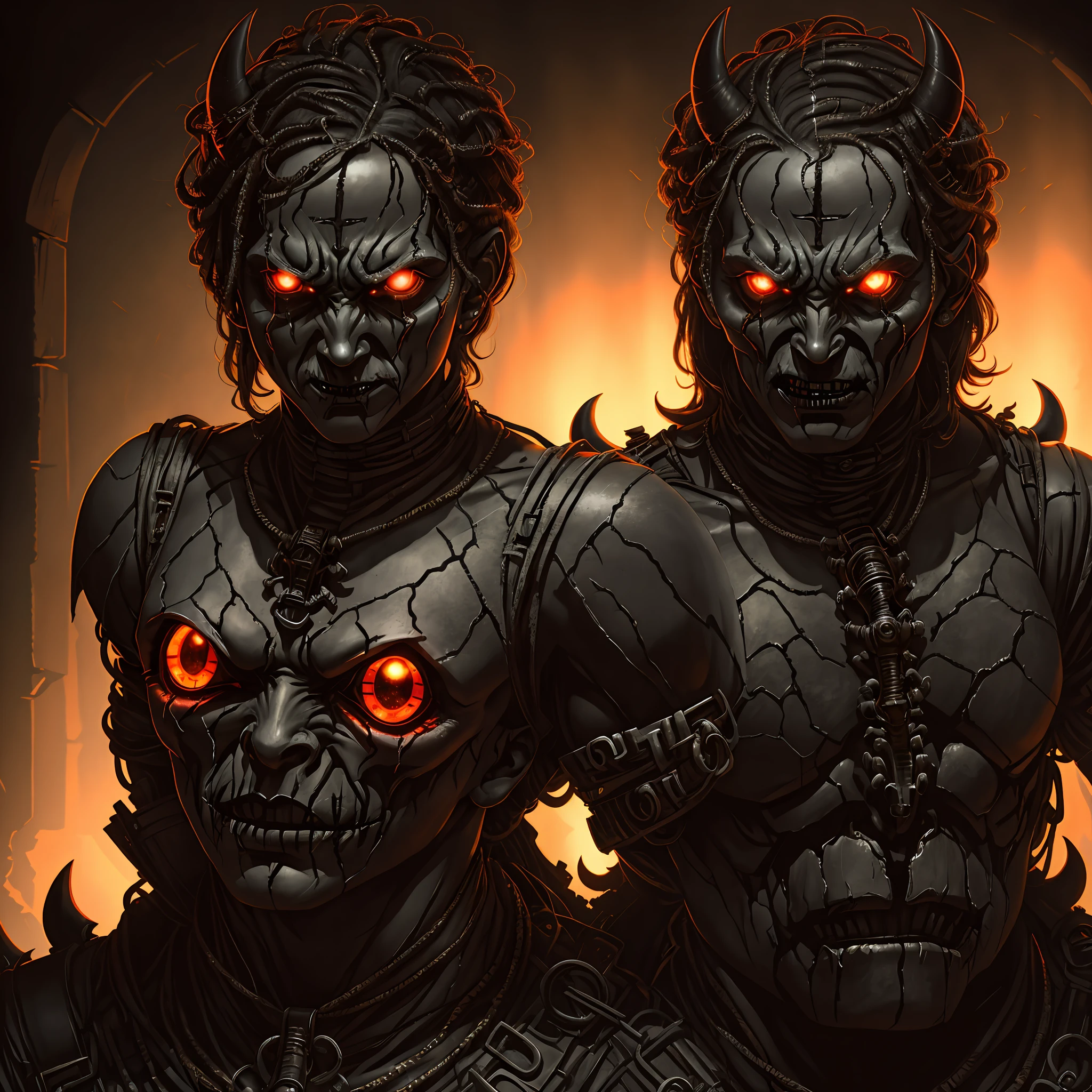 "Generate an image of a _(person possessed by the devil)_ with _(menacing black eyes and grotesque transformation features)_. They should embody a _(terrifying)_ look with _(HIGHLY GLOWING visible demonic symbols on their skin)_. The image should be a _(high contrast, distorted)_ shot under _(shadowy, low light)_ conditions. The picture should have a _(hyperrealistic * 2)_ level of realism and _(ULTRA high res)_ resolution, ensuring an overall _(macabre)_ quality." --auto