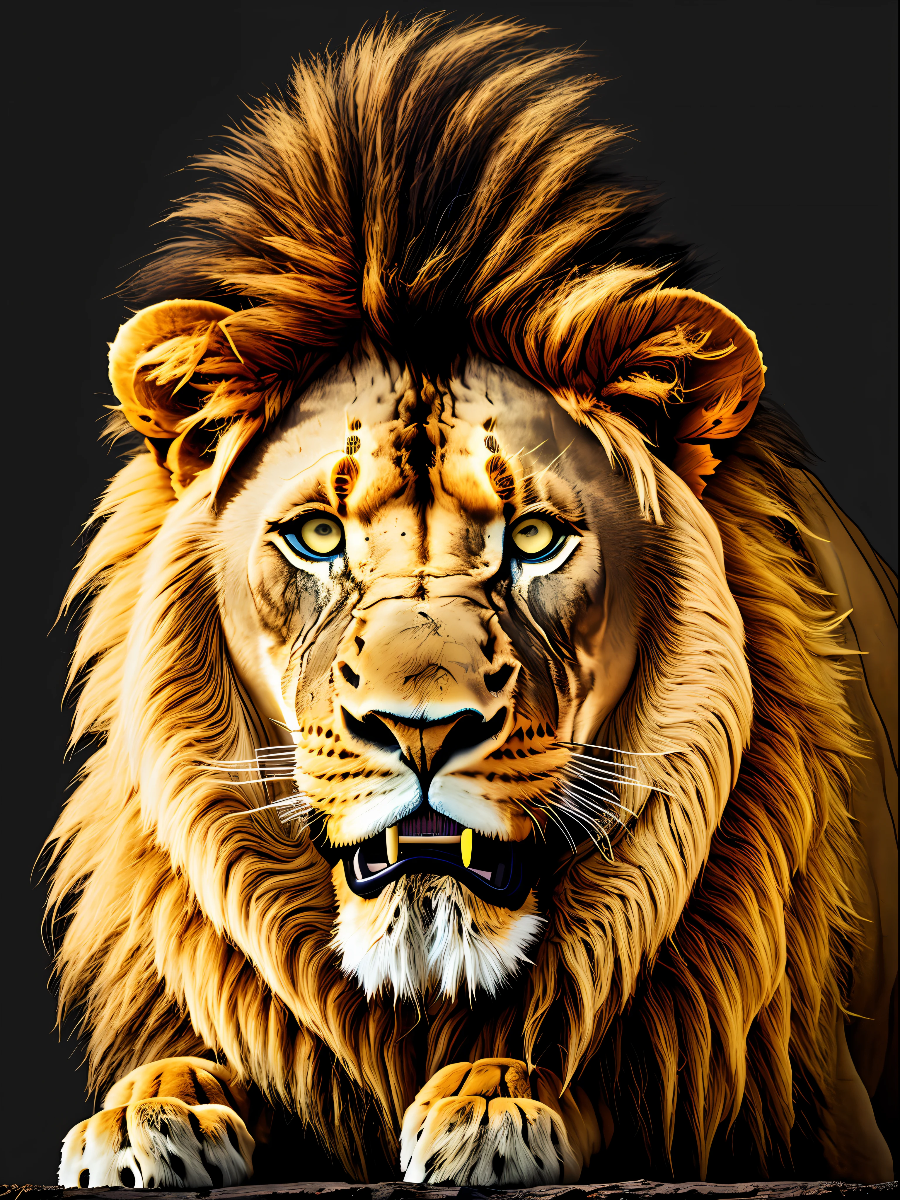 A lion's head as realistic as possible and, with the black background and a phrase written in English the phrase to be written you are strong in English the lion