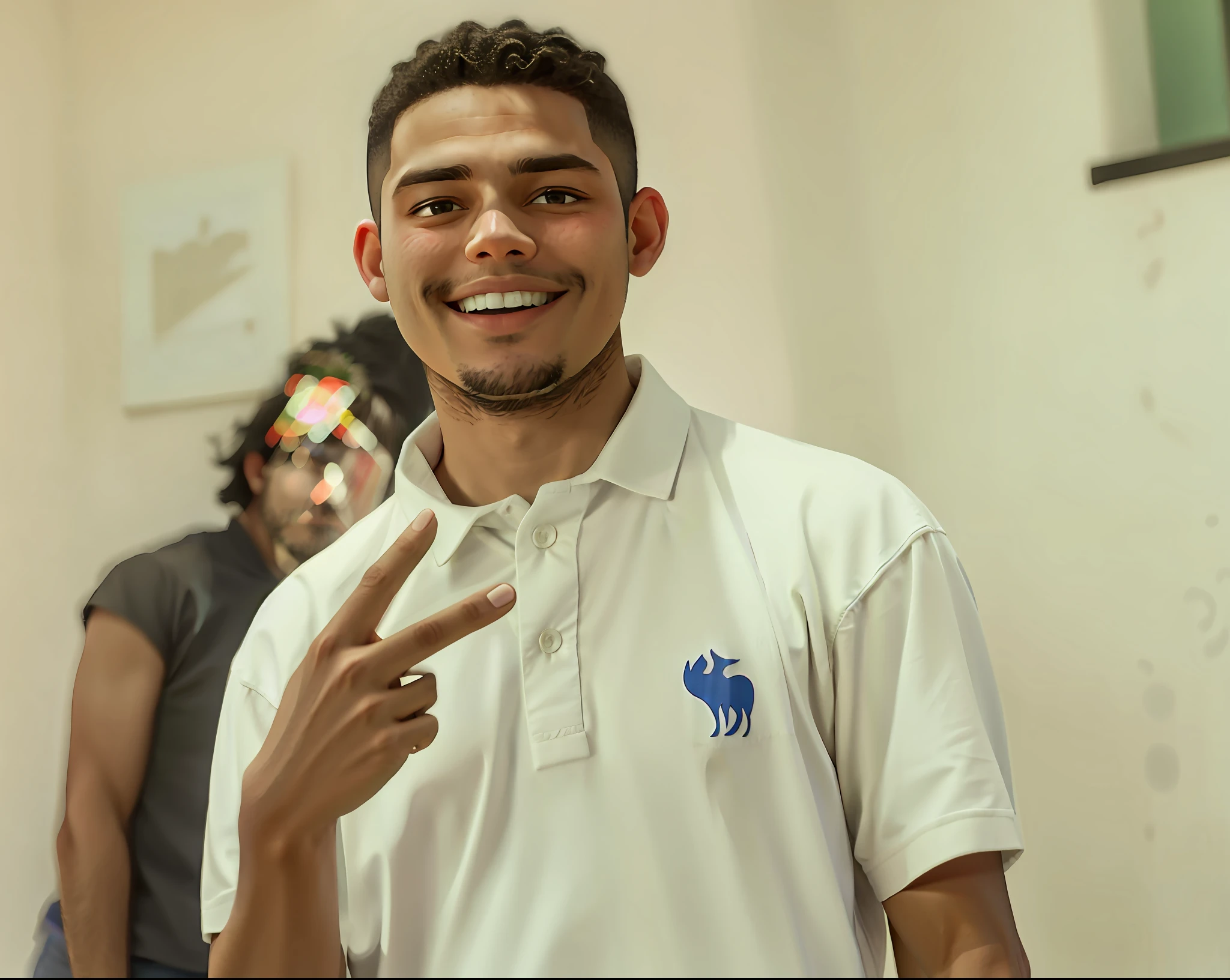 There is a man in a white shirt making a peace sign, caio santos, by João Artur da Silva, Directed by: Samuel Silva, Directed by: Emerson Silva, Directed by: Willian Murai, Directed by: Felipe Seade, Nick Silva, Riyahd Cassiem, Malika Favre, Directed by: Daniel Lieske, lucas graziano, by Almeida Júnior, 1:4