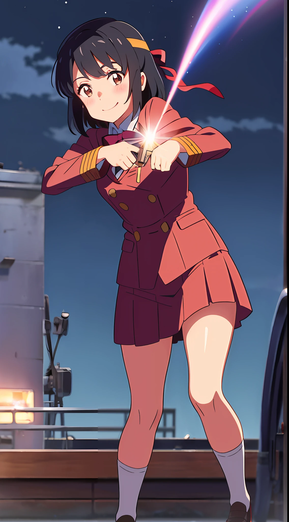 shinkai makoto, kimi no na wa., 1girl, bangs, black hair, night sky, blush, brown eyes, red headband, aiming at viewer, red ribbon, red bow, military gear, military uniform, short hair, smile, solo, full body