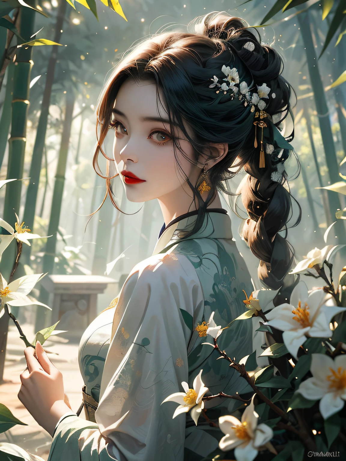 8K,best qualtiy,tmasterpiece,A close-up of a woman,Warlock,Black pupils,Delicate face,Redlip,long white hair,horse tailed,Osmanthus flowers fall,bamboo forest background,Alchemy furnace,Hazy,Light green hanfu