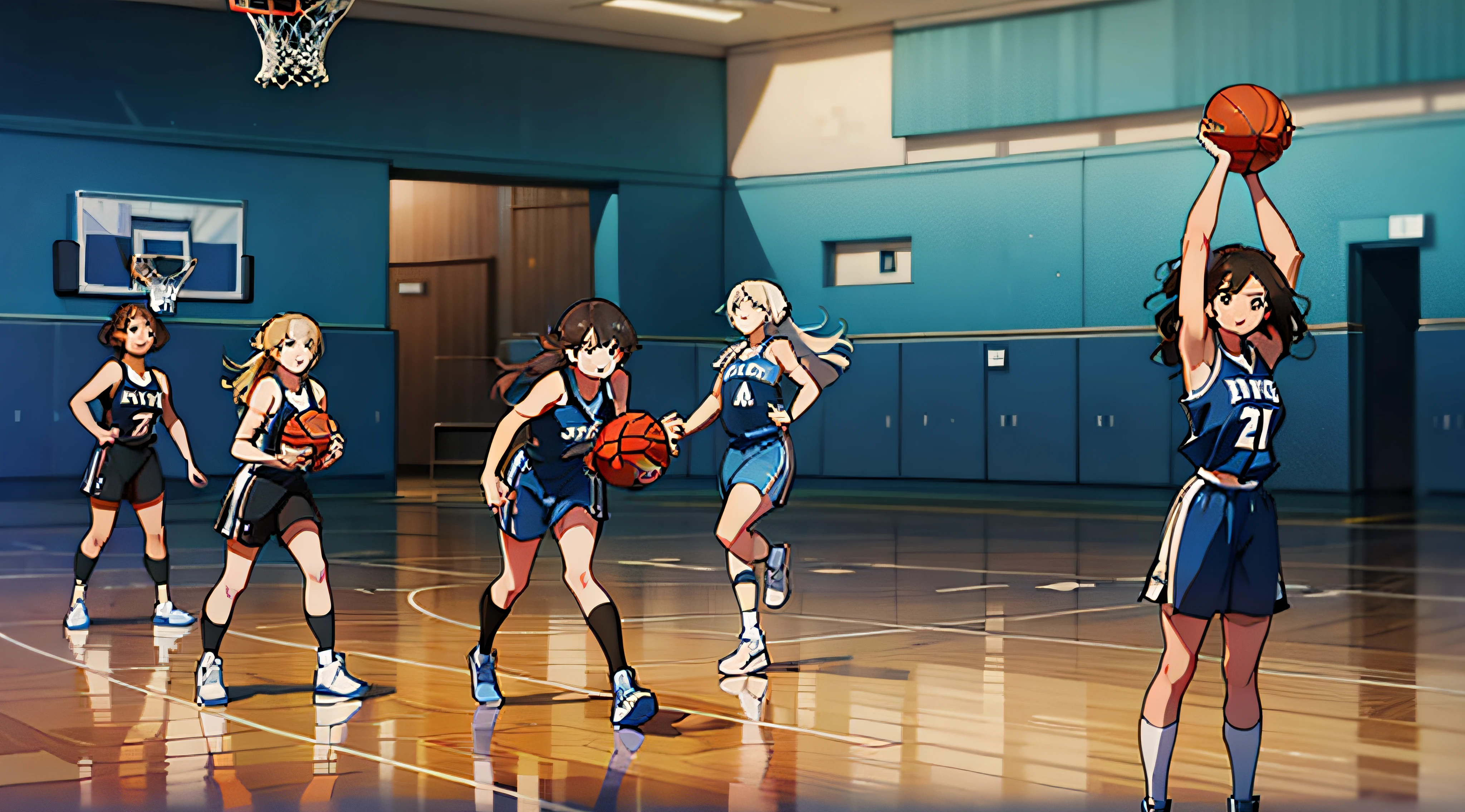Group of basketball girls playing basketball indoors，Two teams，The first team is a black jersey，A team of blue jerseys，k hd