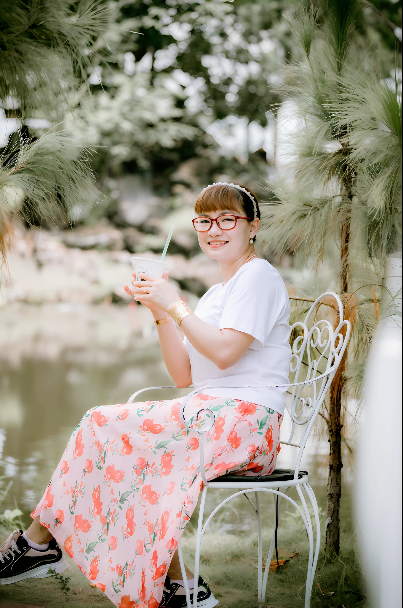 there is a woman sitting on a bench in a park, portrait image, drinking a strawberry iced latte, a young asian woman, young asian woman, shot on canon eos r5, shot on canon eos r 5, girl wearing round glasses, photo taken with canon 5d, shot on sony a 7 iii, mid shot portrait, candid portrait photo, sitting relax and happy