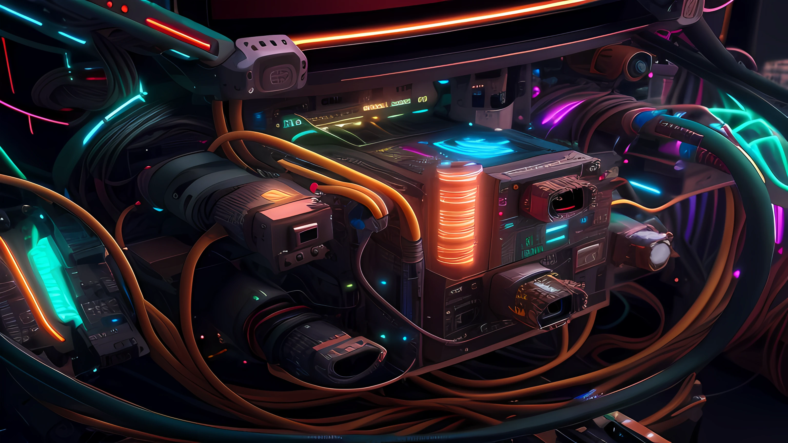 Computer close-up，Wires and wires are connected to it, 4k highly detailed digital art, intricate abstract. Cyberpunk, connected with glowing tubes 8 k, 4K detailed digital art, Portrait of a cyberpunk machine, 3 d render beeple, style hybrid mix of beeple, mechanical features and neon, beeple colors