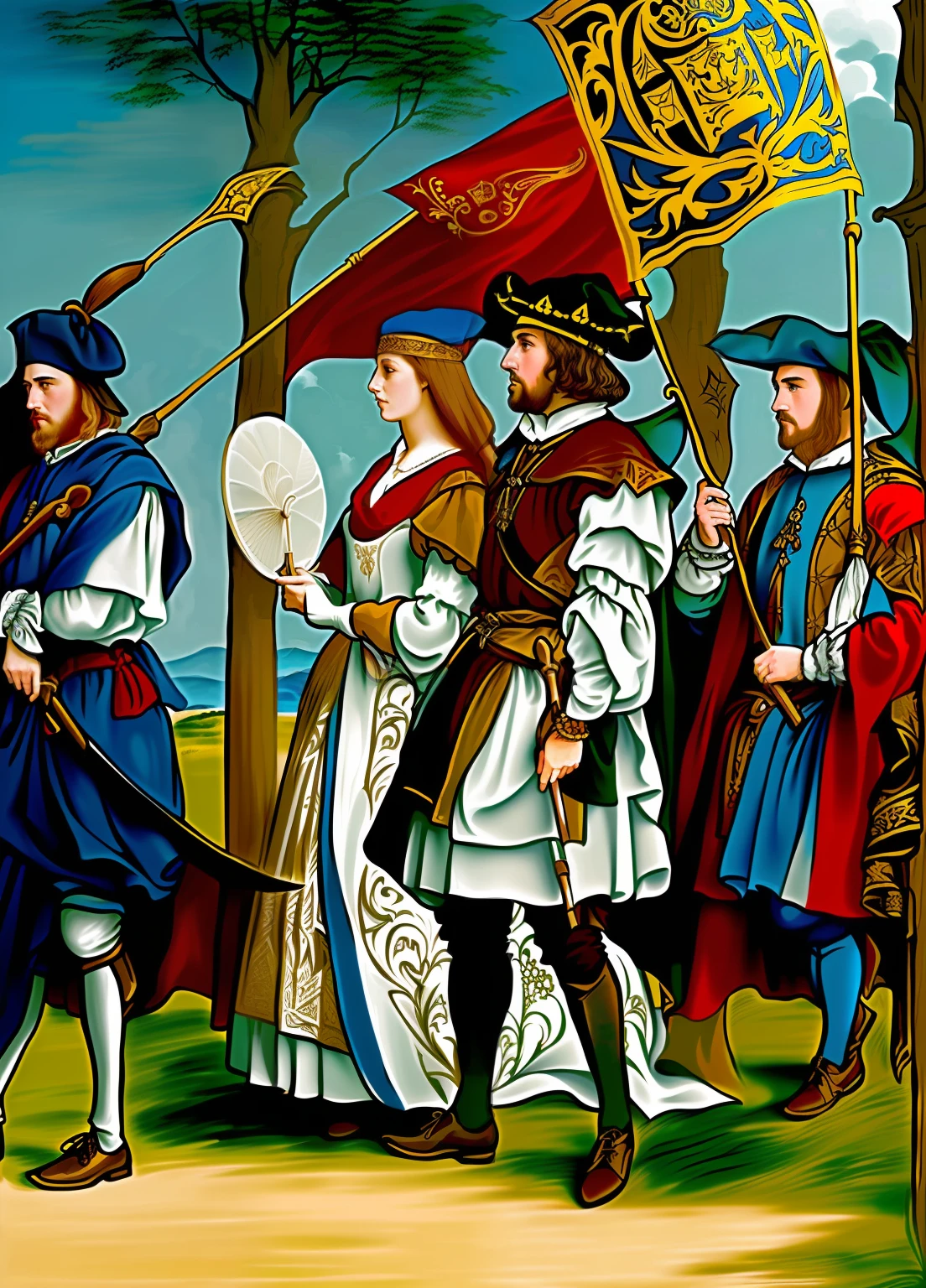 a drawing，A group of men dressed in medieval costumes hold flags, Inspired by Albrecht Altdorf, Medieval illustration, Inspired by Hans Holbein the Younger, very detailed medieval, The woman holds a fan, Renaissance painting, dressed in medieval clothes, Inspired by Ambrosius Holbein, Renaissance costumes, dressed in medieval clothes, medieval clothing, opulent, tmasterpiece, The background is blue sky and white clouds