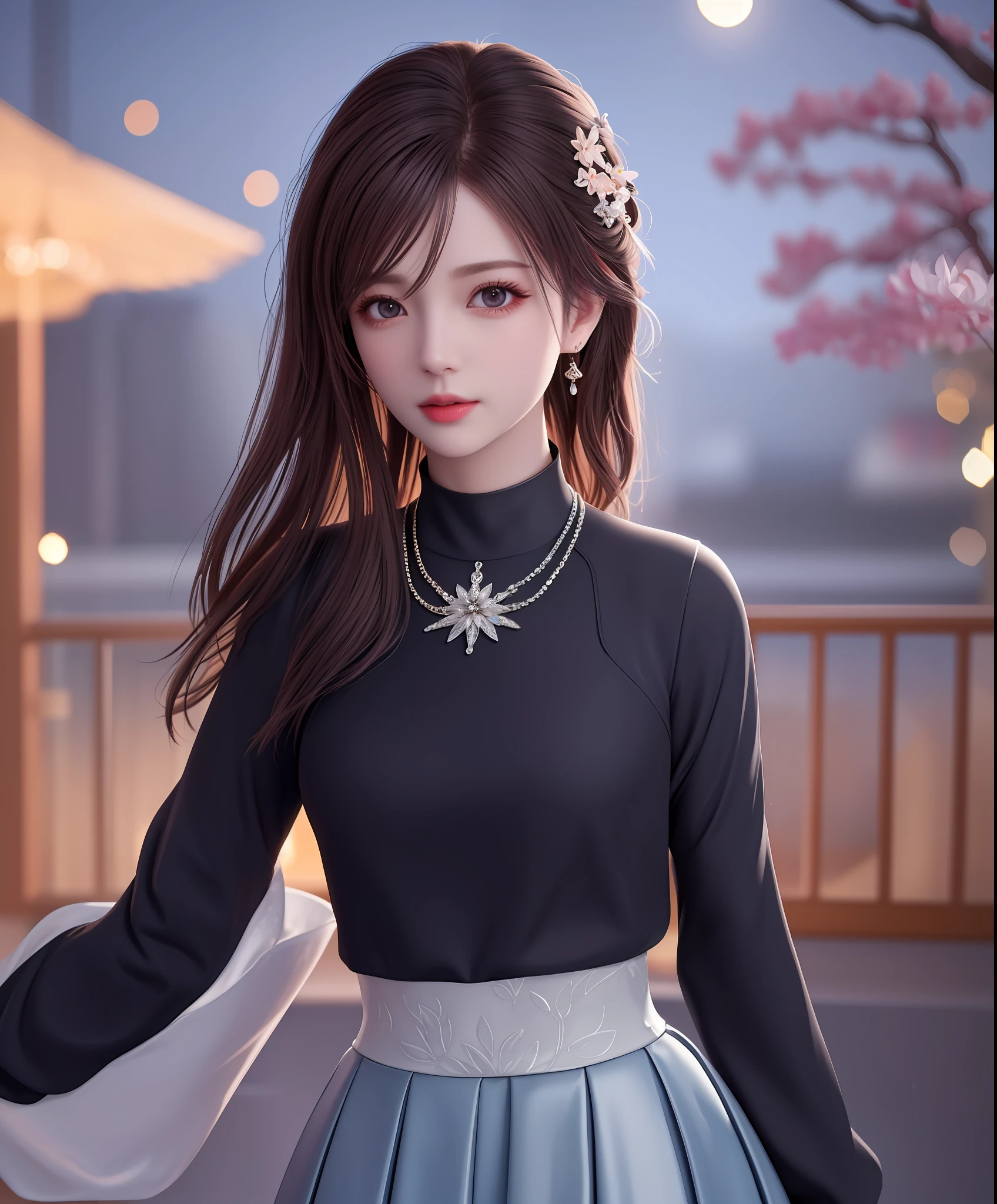 best qualtiy，tmasterpiece，A high resolution，1girl，Porcelain skirt，hair adornments，choker necklace，beautiful  face，Physically，dingdall effect，realisticlying，dark studio，edge lit，twotonelighting，（highdetailskin：1.2），8k uhd， dslr, softlighting, high high quality, volumettic light, sneak shot, photore, A high resolution, 4k, 8k, Background bokeh,sakura