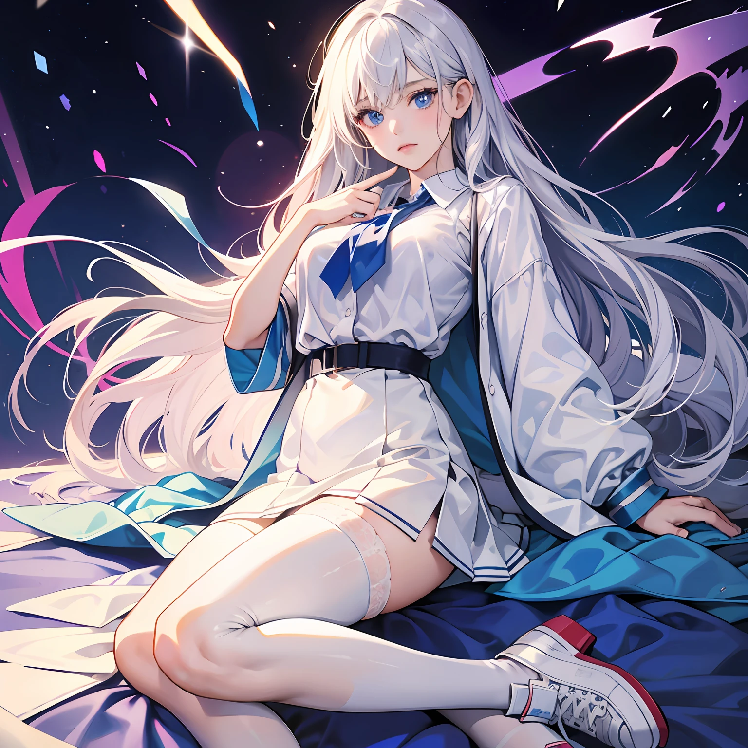 tmasterpiece、Best quality、Hyper-detailing、Absurd and realistic、（Shiny skin、sweat leggs:1.4）、looking toward the viewer、Slim，1girl、Soaked white polo shirt、White sneakers、White miniskirt，long whitr hair，silber hair，eBlue eyes，（thick thight:0.5）、动态照明、A high resolution、sharp fokus、Large breasts，white stockings --auto