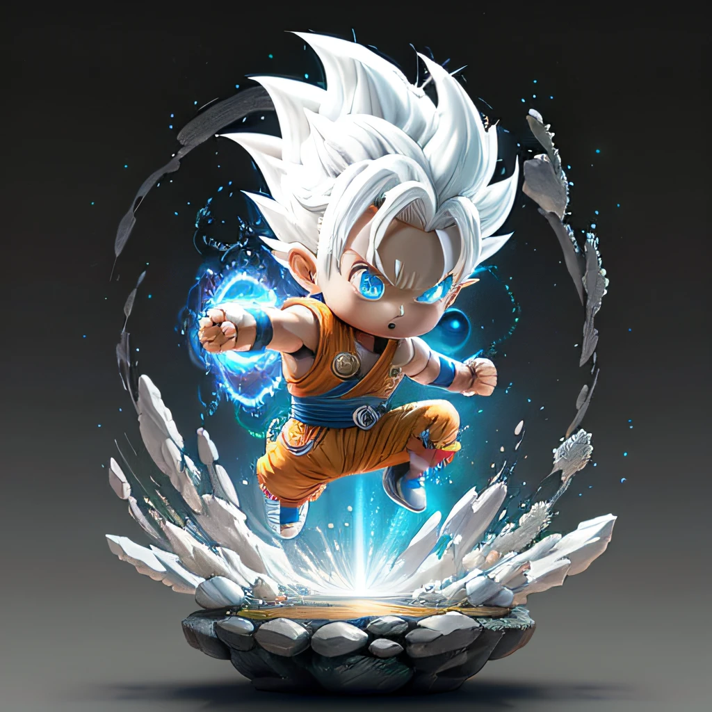 Goku, super saiyan, exquisite hair, arm depiction, white and blue hair body, exquisite shoes, eye depiction, exquisite hair, popmart blind box, clay texture, stepping on the land, black and white background, natural lighting, most good quality, super detail, 3D art, c4d, OC renderer, 3D rendering, 8k