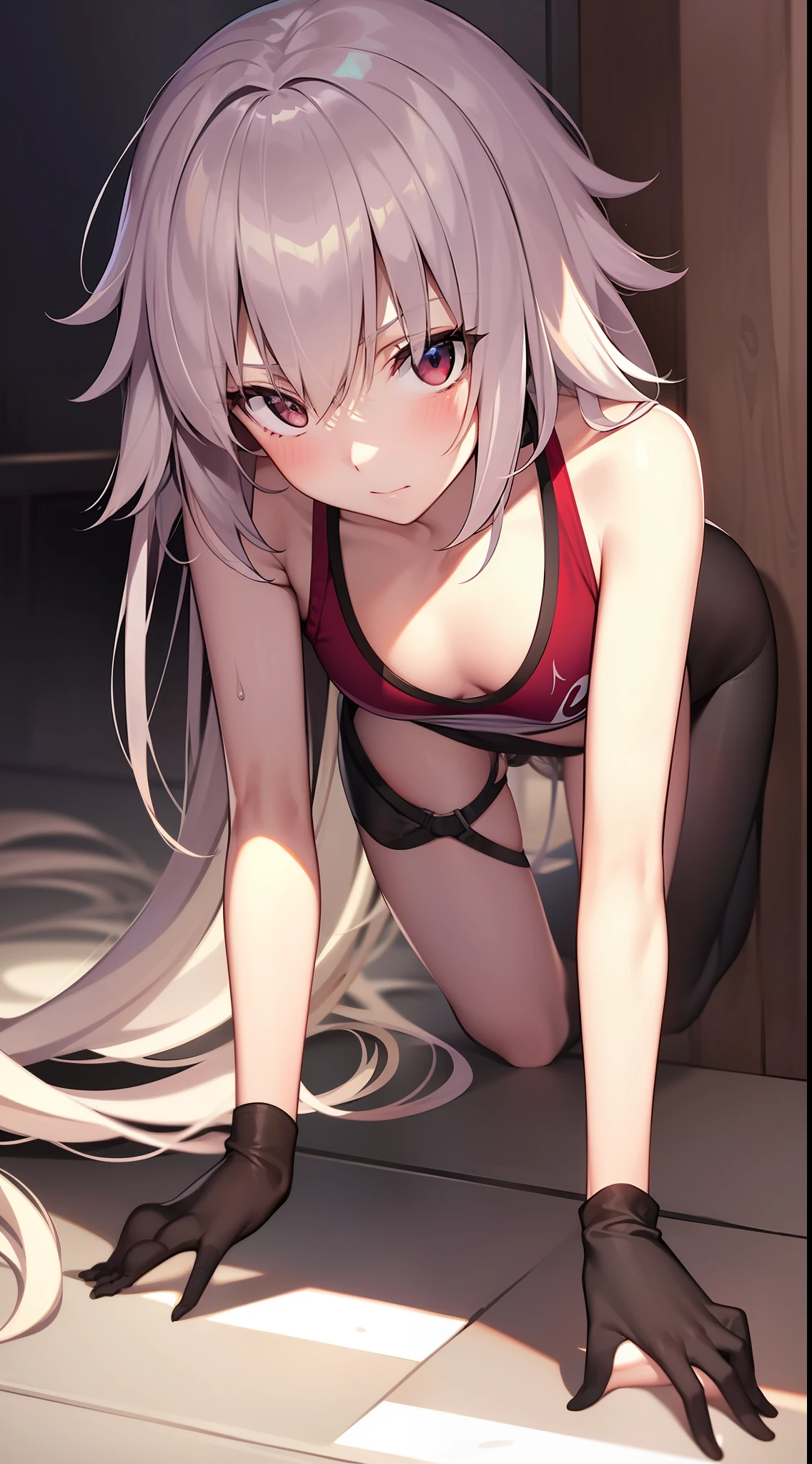 portrait of jeanne darc alter wearing shiny bike shorts and sport bra, small breasts, all fours, from behind