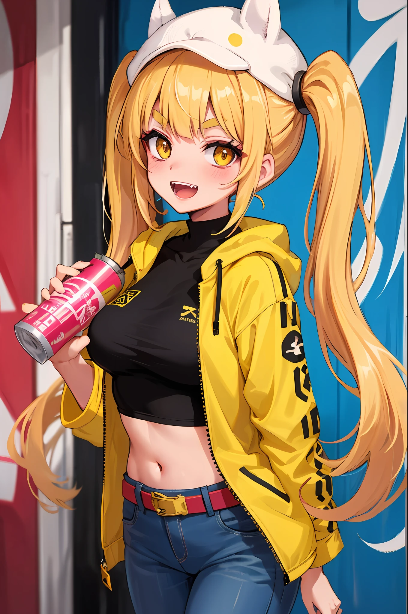 Original Character, Volumetric Lighting, Best Shadows, Shallow Depth of Field, Portrait Of Stunningly Beautiful Girl, Petite, Delicate Beautiful Attractive Face With Alluring Yellow Eyes, Messy Painted Face, Sharp Eyebrows, Broadly Smiling, Open Mouth, Fangs Out, Lovely Medium Breasts, Layered Long Twintail Blond Hair, Blush Eyeshadow, Thick Eyelashes, Applejack Hat, Oversized Pop Jacket, Mini Underboob Tee, Open Navel, Slim Waist, Denim Jeans Pants, With Buckle Belt, In The Graffiti Alley, Waste Container, Outside Stairs, Outdoor Unit, Holding Spray Paint Can, Standing, (Highest Quality, Amazing Details:1.25), (Solo:1.3), Brilliant Colorful Paintings