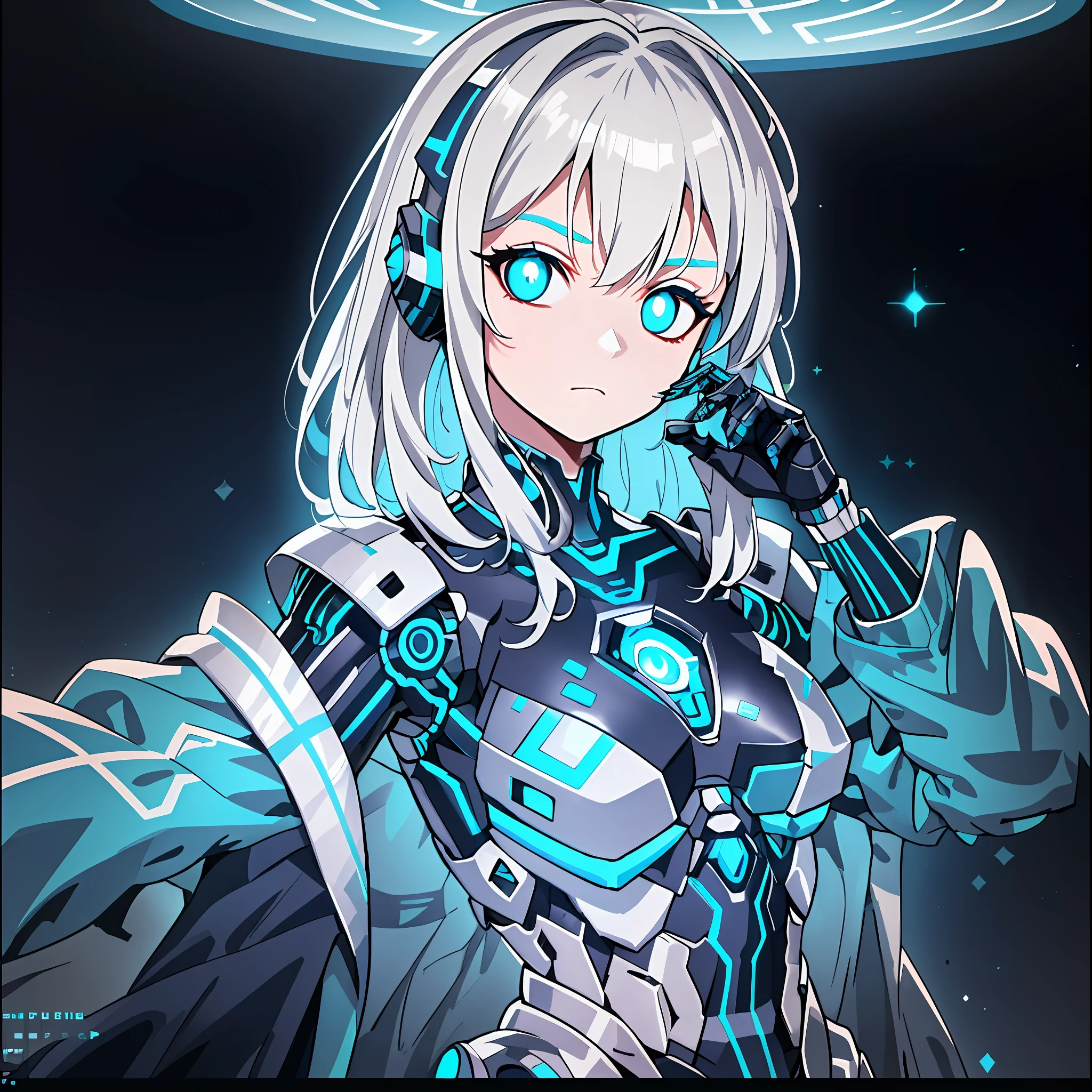 Super detailed cyborg stunning drawings，silver hair girl、Cyborg girl，Slim waist， Hardware and software elements are intertwined，  Cyberpunk style，Galaxy icy cold color scheme with white hair，Cyan pupils，Exoskeleton armor，Rifle and headset embellishments，Mechanical parts and microchips shine together，The facial muscles are clearly visible，Step by step for the battalion offensive and defensive tactics，The focal length is clear，The rule of thirds presents a perfect picture，Virtual Wide Engine Technology，style of surrealism，The concept art is perfectly presented，Glowing eye vision blends with the galactic starlight。