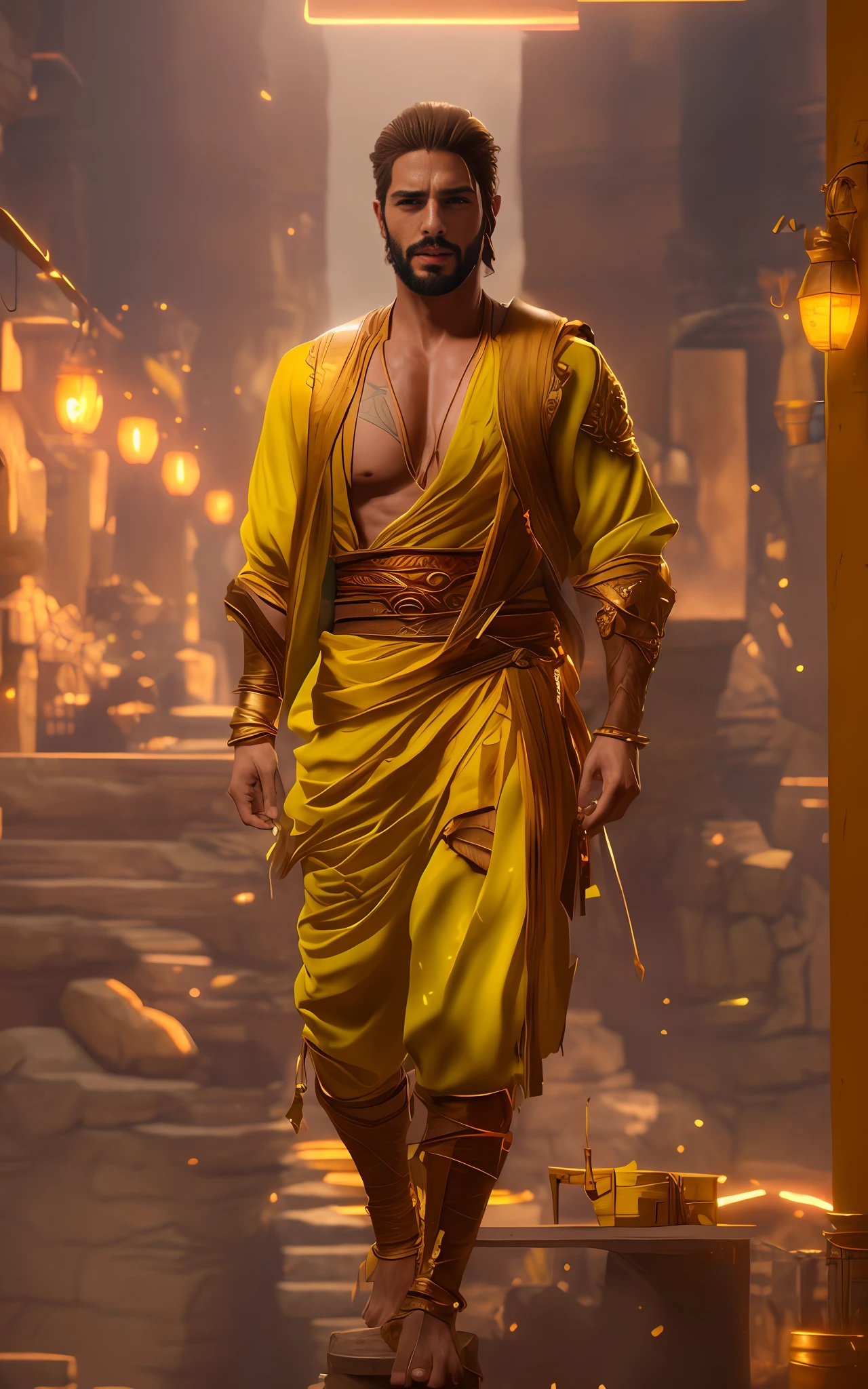 Arad image of a man dressed in yellow and blue, 3 D rendering character art 8 K, handsome prince of persia, trending on artstation 4k, Amazing 8K character concept art, cinematic full character, dwayne johnson as god of war, Rendu portrait 8k, trending on artstation hd, unreal engine character art, Personagem pequeno. Unreal Engine 5