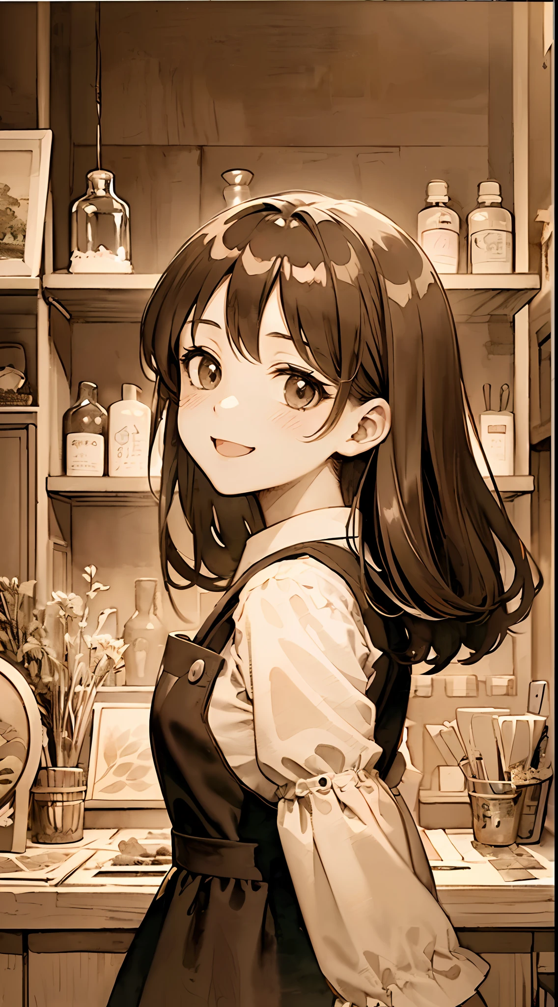「(8k wallpaper:1.5)、(high-level image quality:1.3)、(animesque, watercolor paiting:1.5)、(girl with、独奏、cute little:1.8)、(beatiful detailed eyes:1.5 )、(huge smile:1.5)、(low angles:1.2)、(校服、pinafore:1.5)、(cafes、Inside the shop、retro vibes:1.3)、(sepia, gradients:1.5)」