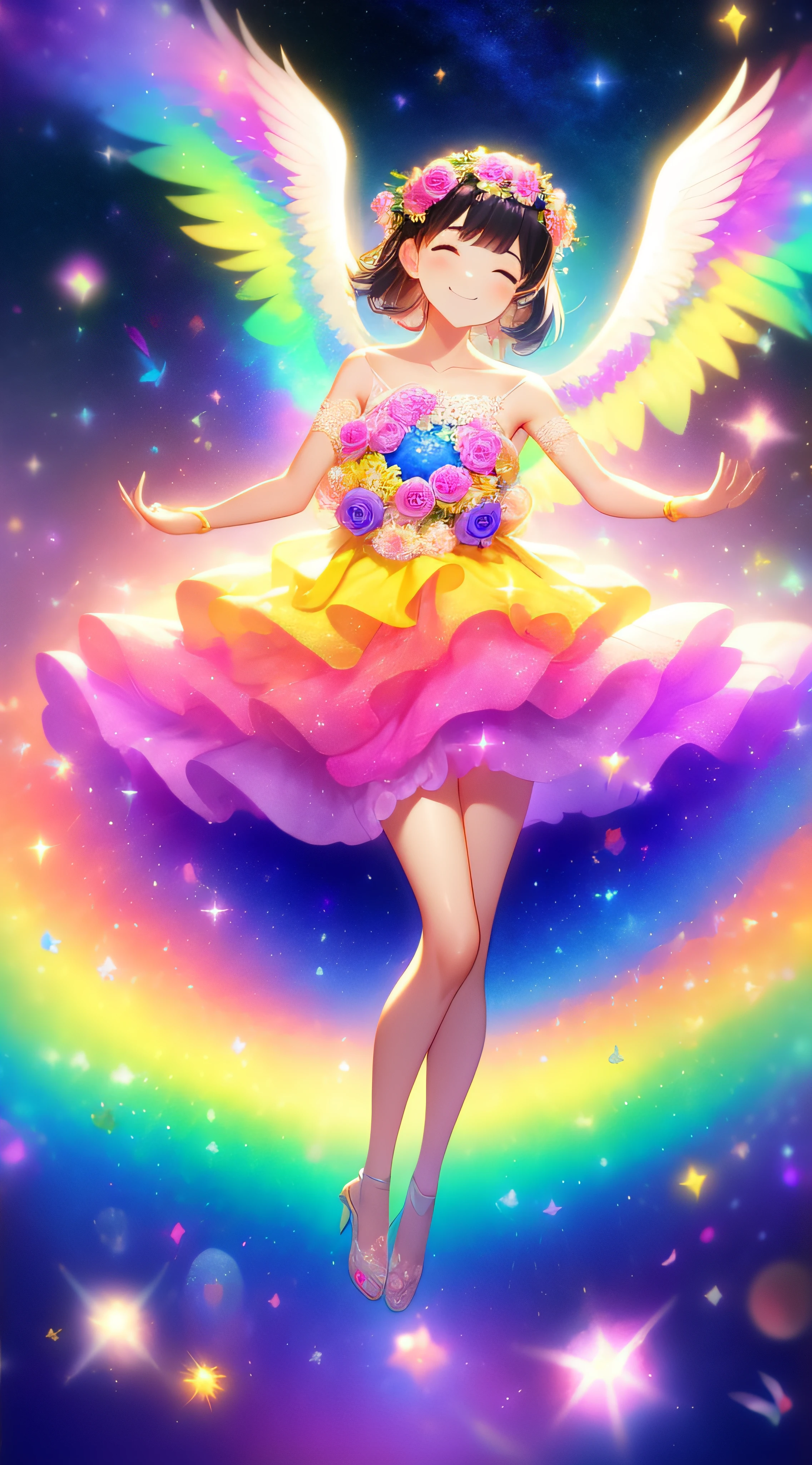 angelicales、Goddess smile、face perfect、Perfect body、beautiful dress、Floating in a rainbow-colored galaxy、A meditative、Thanks、Twinkle、optic、Surrounded by light、Joy、Blissful Light、Rose flower、doa