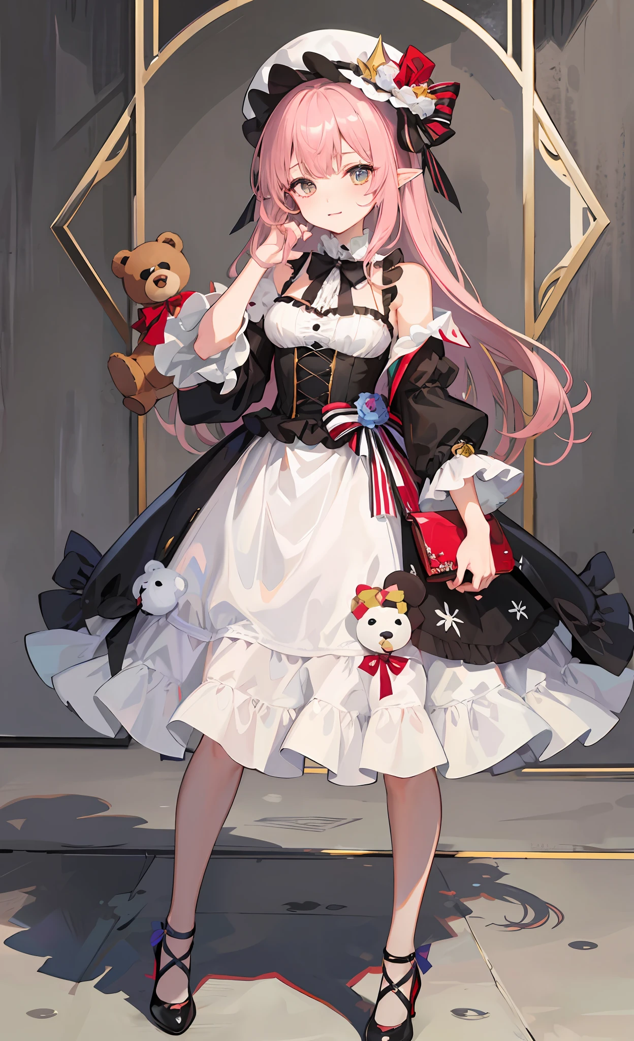 ((tmasterpiece:1.4,best qualtiy))+,(ultra - detailed)+,offcial art,Unity 8k壁纸,ultra - detailed,aestheticly pleasing,high high quality,big breasts beautiful,tmasterpiece,best qualtiy,Bow knot,Ribbons,((Handheld bear)),((Brown teddy bear)),Handheld,doll,doll,Candy decoration,Misty,Lolita prostitute,Little princess,(flatchest),full bodyesbian,Standing painting,white backgrounid,Side straps,Princess shoes,Bear-eared headband,Antique hats,