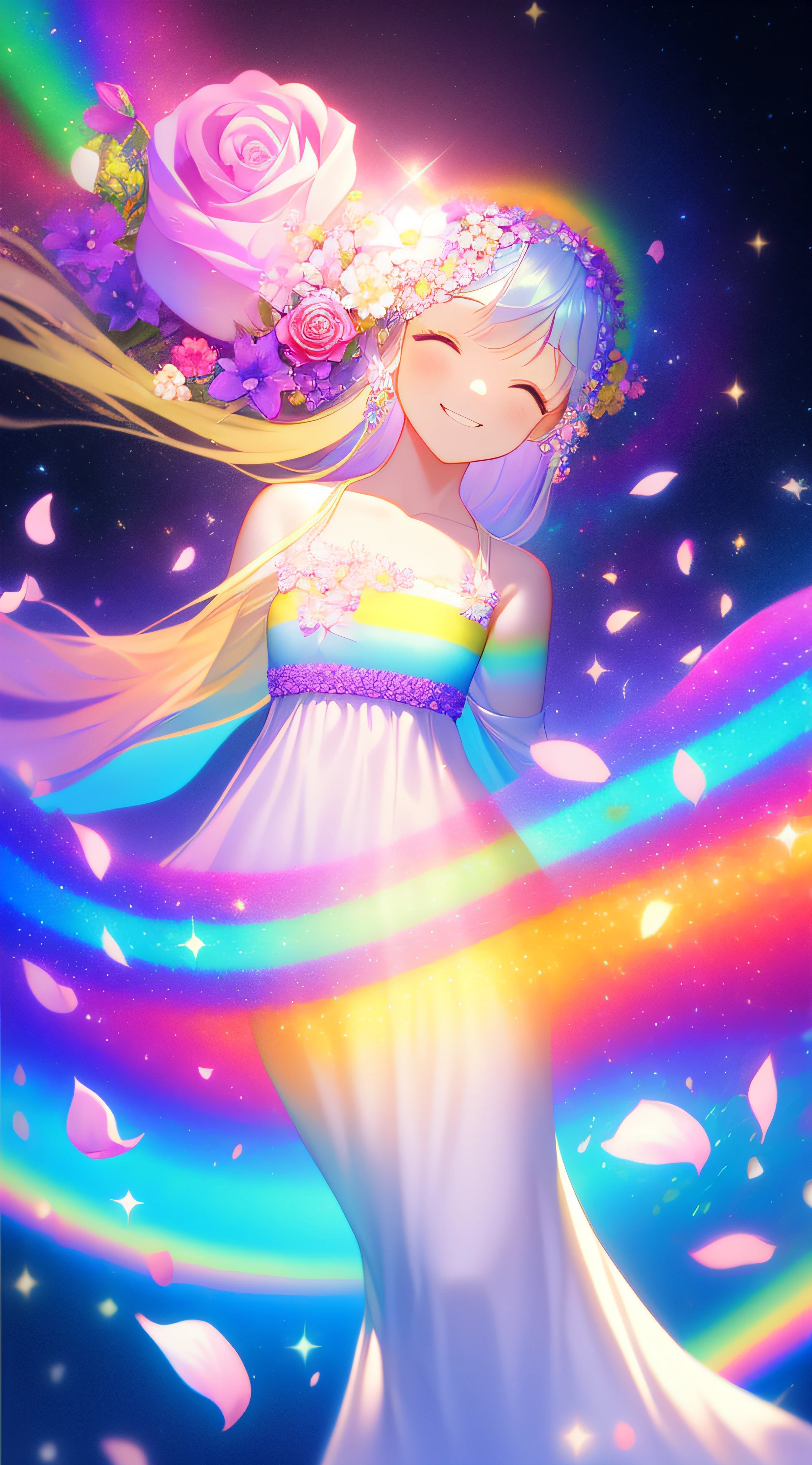 angelicales、Goddess smile、face perfect、Perfect body、beautiful dress、Floating in a rainbow-colored galaxy、A meditative、Thanks、Twinkle、optic、Surrounded by light、Joy、Blissful Light、Rose flower、doa