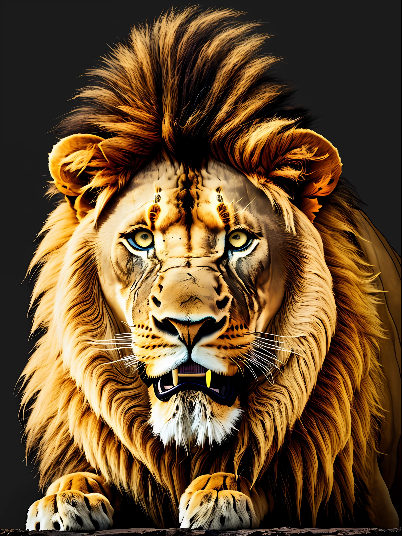 A lion's head as realistic as possible and, with the black background and a phrase written in English the phrase to be written you are strong in English the lion
