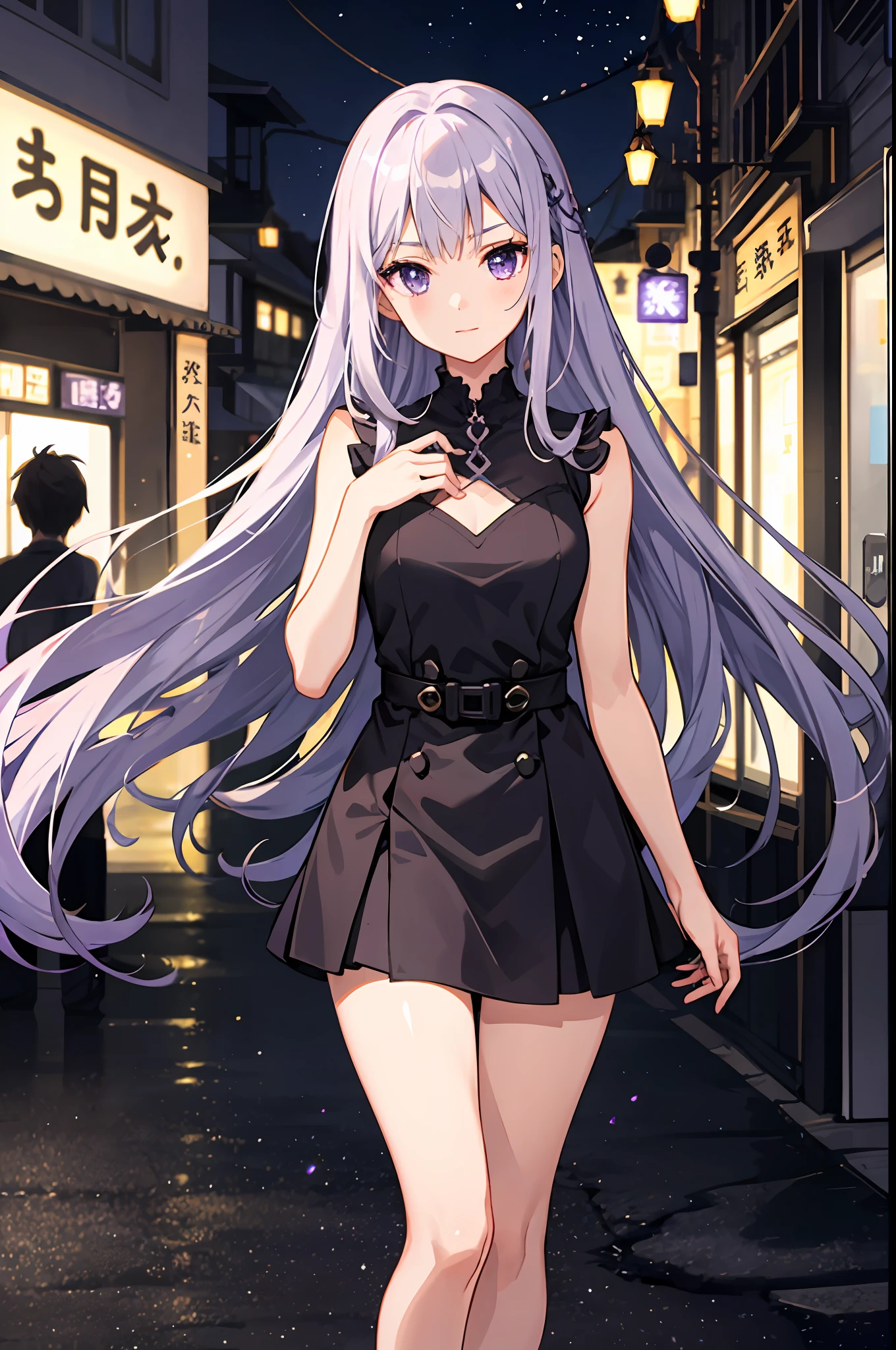 1girl in、Long gradient hair in purple and silver color、a purple eye、Seaside city、Particles of light、wall-paper