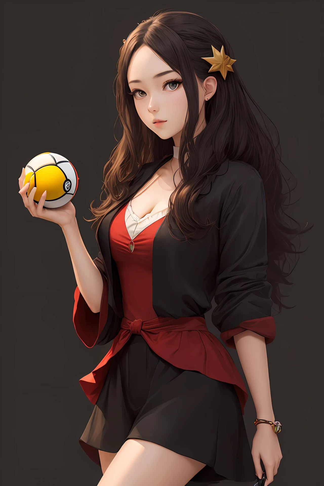 masterpiece, best quality, highres, iono1, 1girl, long hair, hair ornament, cowboy shot, (holding poke_ball), poke ball \(basic\),