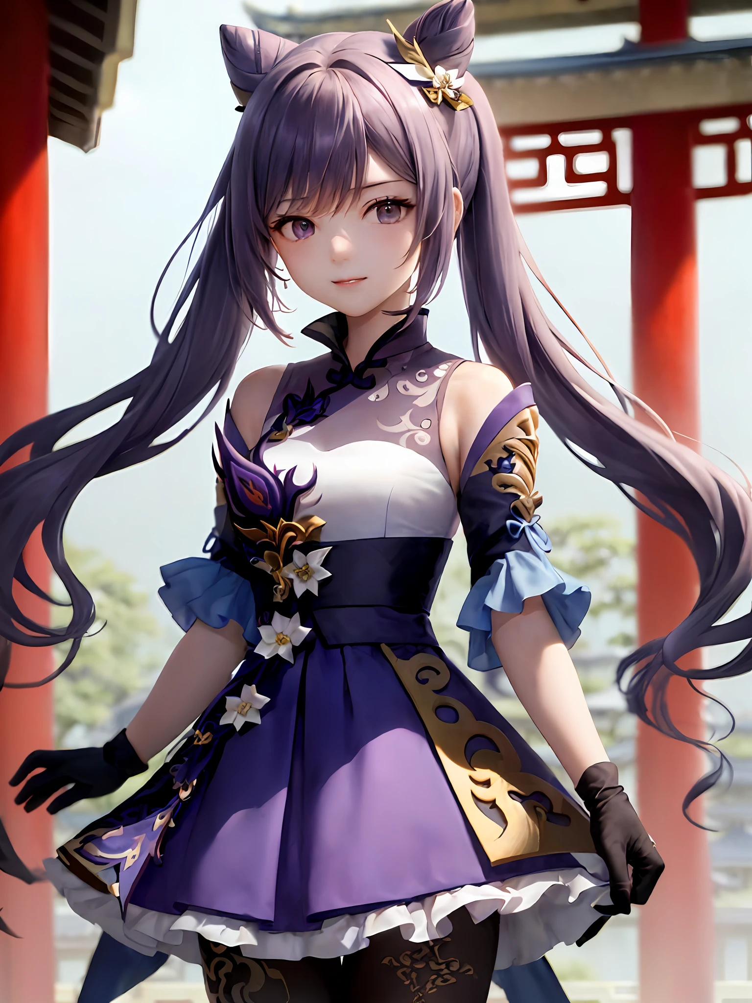 (巨作:1.2), (Best quality:1.2), keqingdef, 1girll, (Single person:1.2)，Cowboy shot, Upper body body，(Cinematic light:1.2)，(Perfect Hand 1.5)， Slender beautiful legs，Playful，Purple gloves，Hide hands，(Background of ancient Chinese architecture:1.2)，