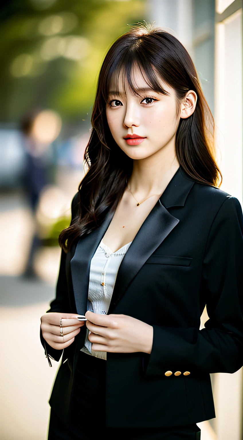 Best Quality, Masterpiece, 1 Girl, Beautiful Face, (Photorealistic Picture:1.3), Rim Lighting, (High Detail Skin:1.2), 8K UHD, DSLR, High Quality, High Resolution, 4K, 8K, Bokeh, Absurdity, Best ratio Four Fingers and One Thumb, (Real:1.3), Cute Japan 1 Girl, Wearing Black Formal Blazer, Middle Breasts, Short Skirt,Small Face, Delicate Body Type